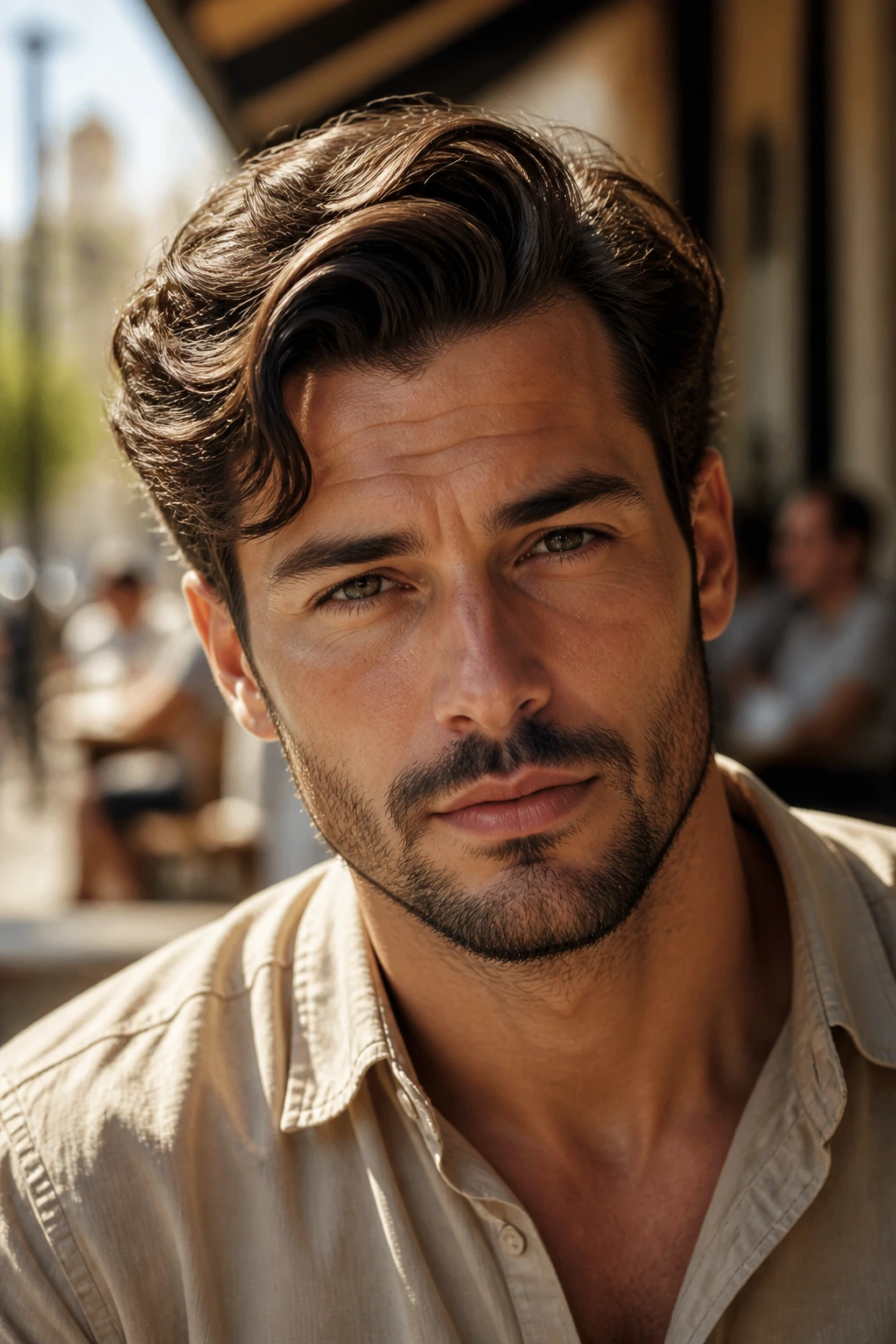 Real man with gentleman's wave and side bend hairstyle in warm outdoor light