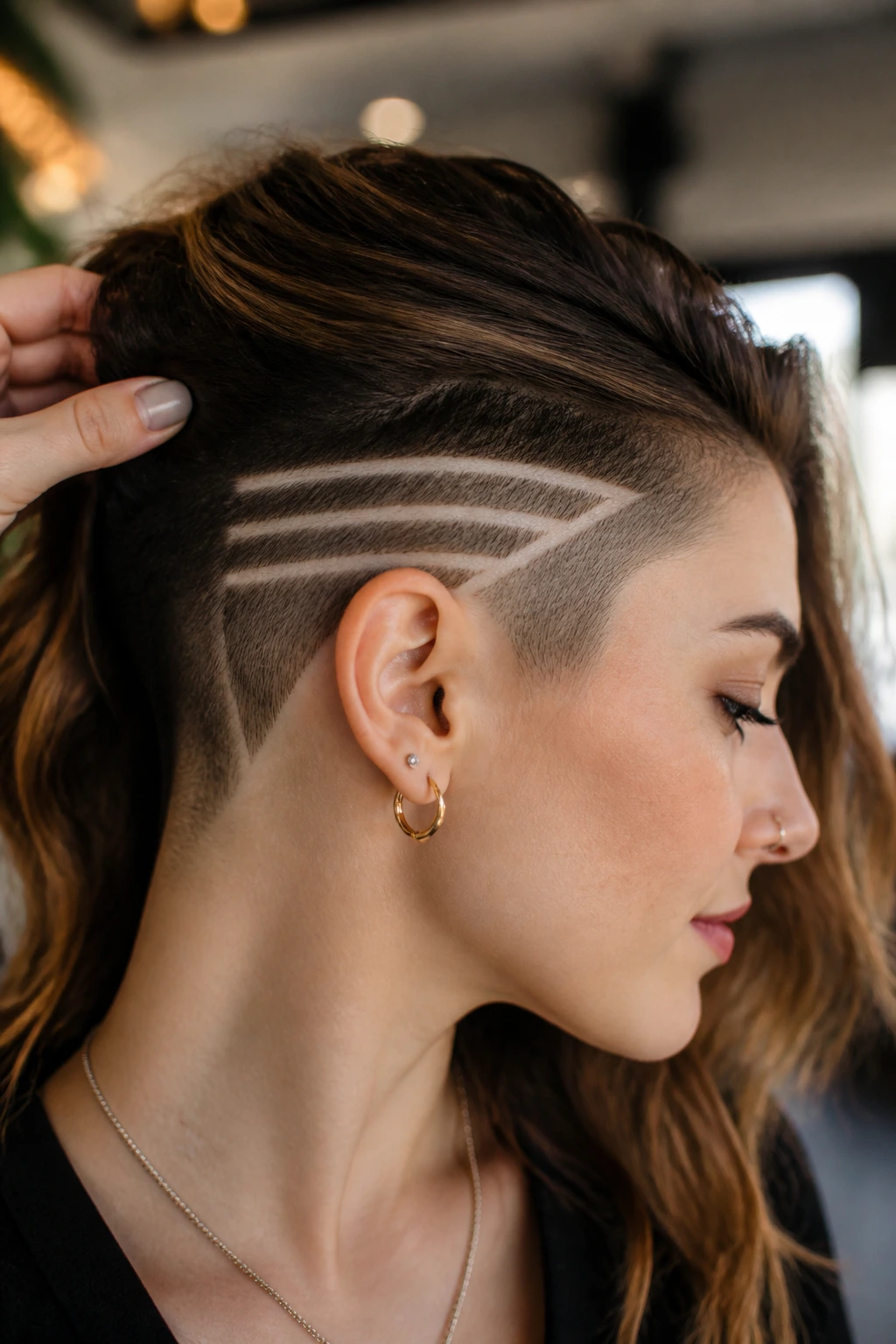 Close-up portrait of a real woman showing a geometric linework undercut behind the ear