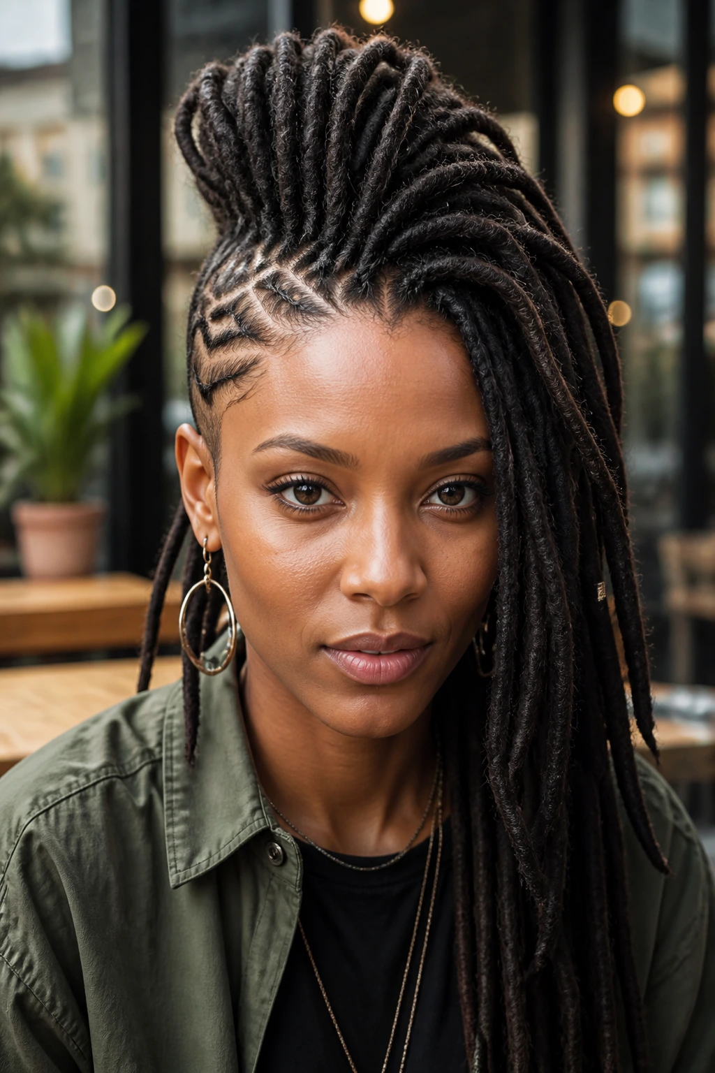 Close-up portrait showing crisp geometric part mohawk on a real person.