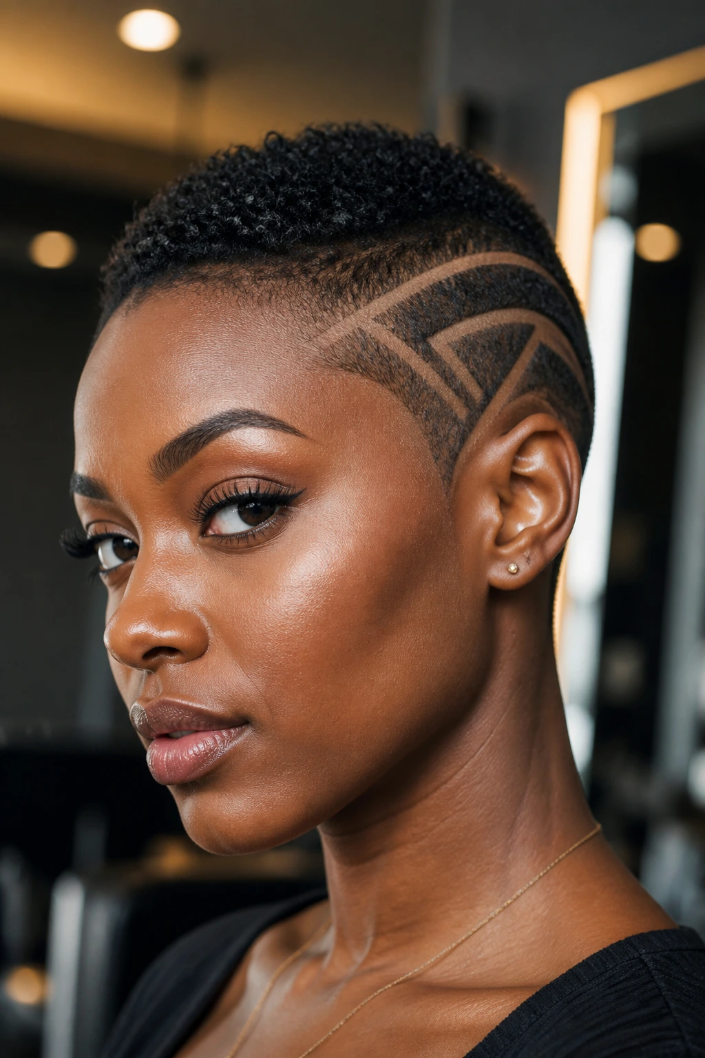 Close-up of geometric TWA with shaved design panel on a real person