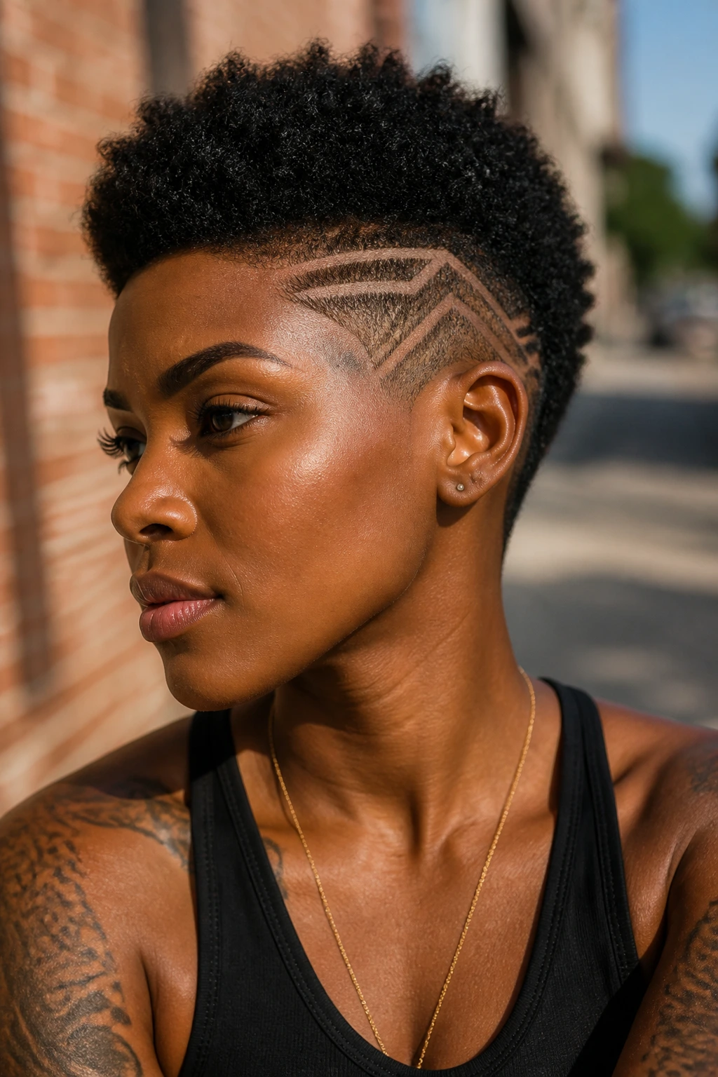 Portrait of a person with a geometric undercut and short afro.
