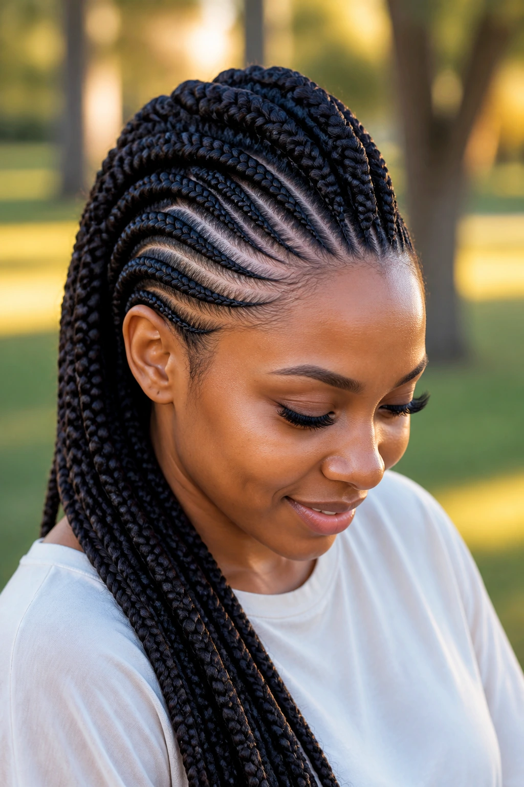 Close-up of Curved Ghana Braid Mohawk on a real person