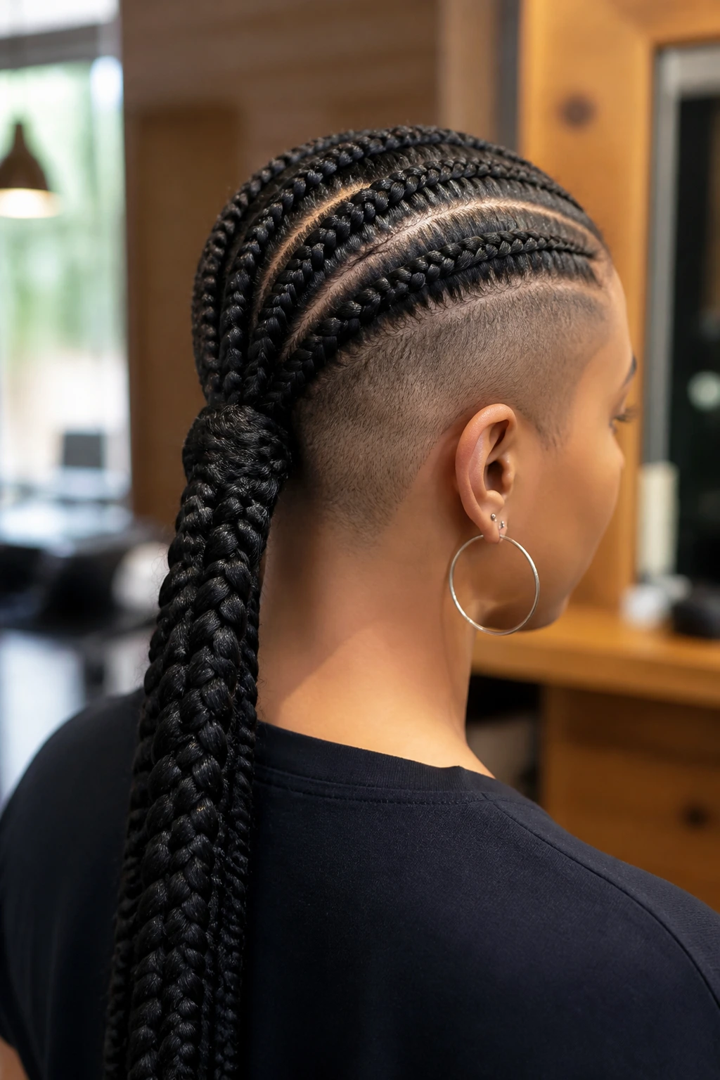 Close-up of Ghana braids feeding into a long tail with shaved sides on a real person