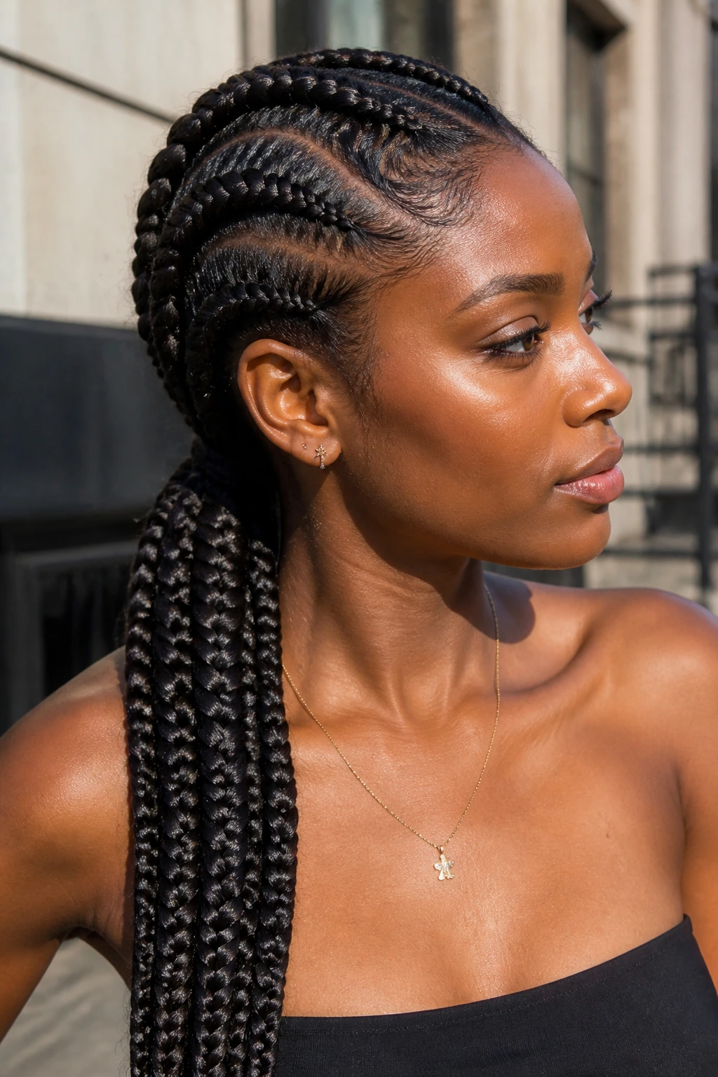 Close-up of thick sculpted Ghana braids on a real person's head in daylight.