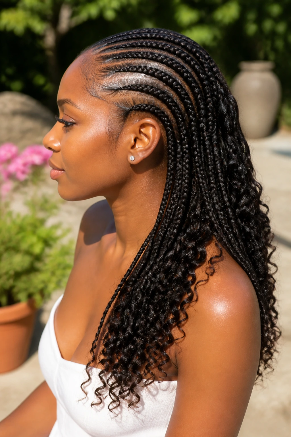 Side-profile of a real woman with Ghana braids ending in spirals outdoors