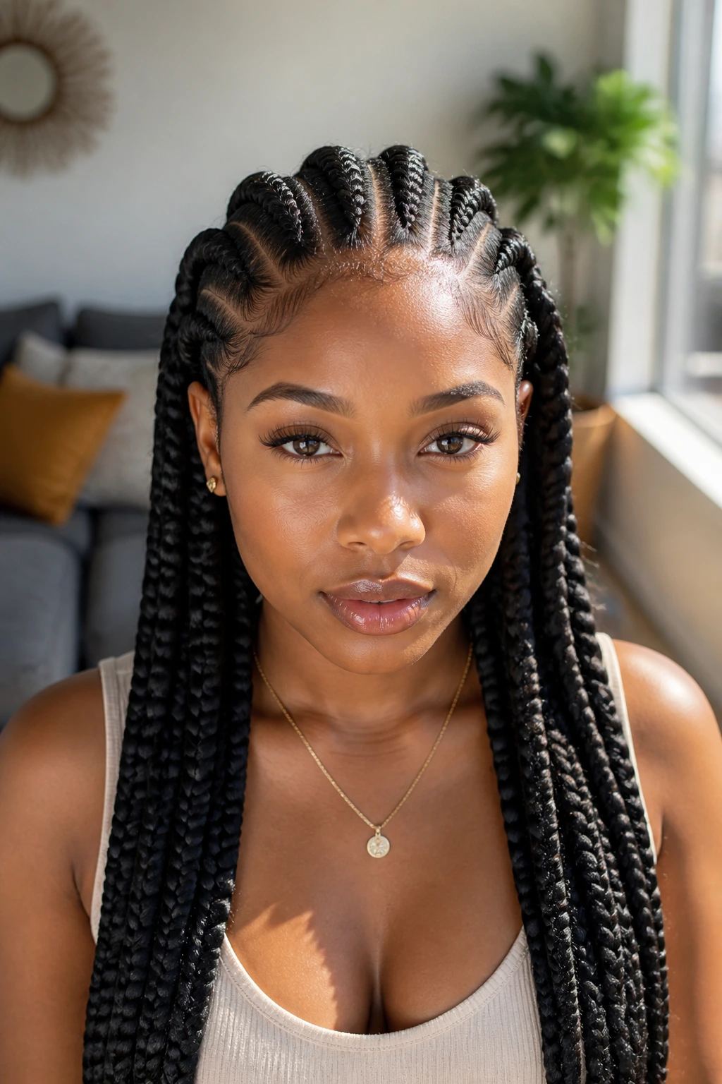 Front-facing portrait of a real woman with thick Ghana braids in daylight