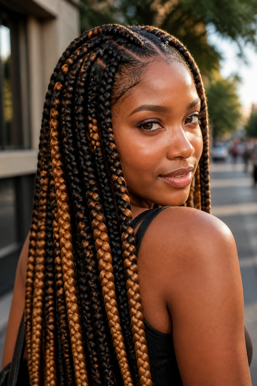 Close-up portrait of a woman with two-tone Ghana braids in black and caramel.