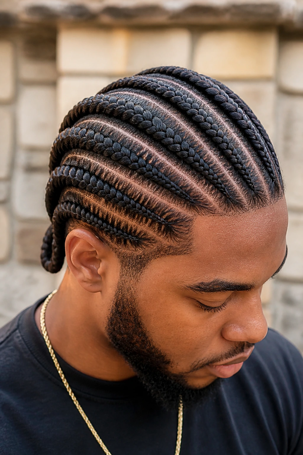 Close-up of Ghana braids building width on a real person with a slight head turn