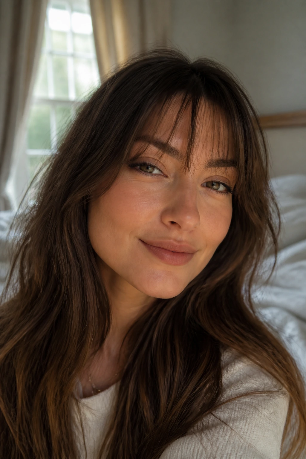 Close-up of a real woman with ghost bangs skimming the forehead in a cozy bedroom.