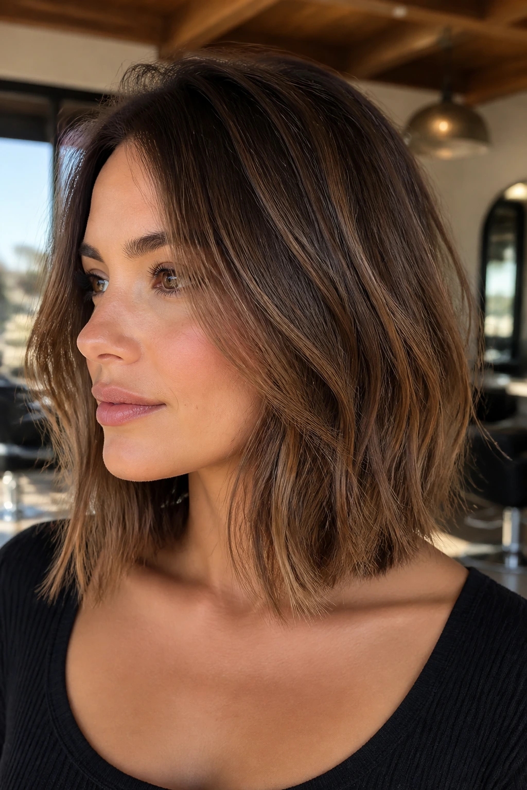 Close-up of a woman with ghost-layer lob hairstyle in a sunlit salon