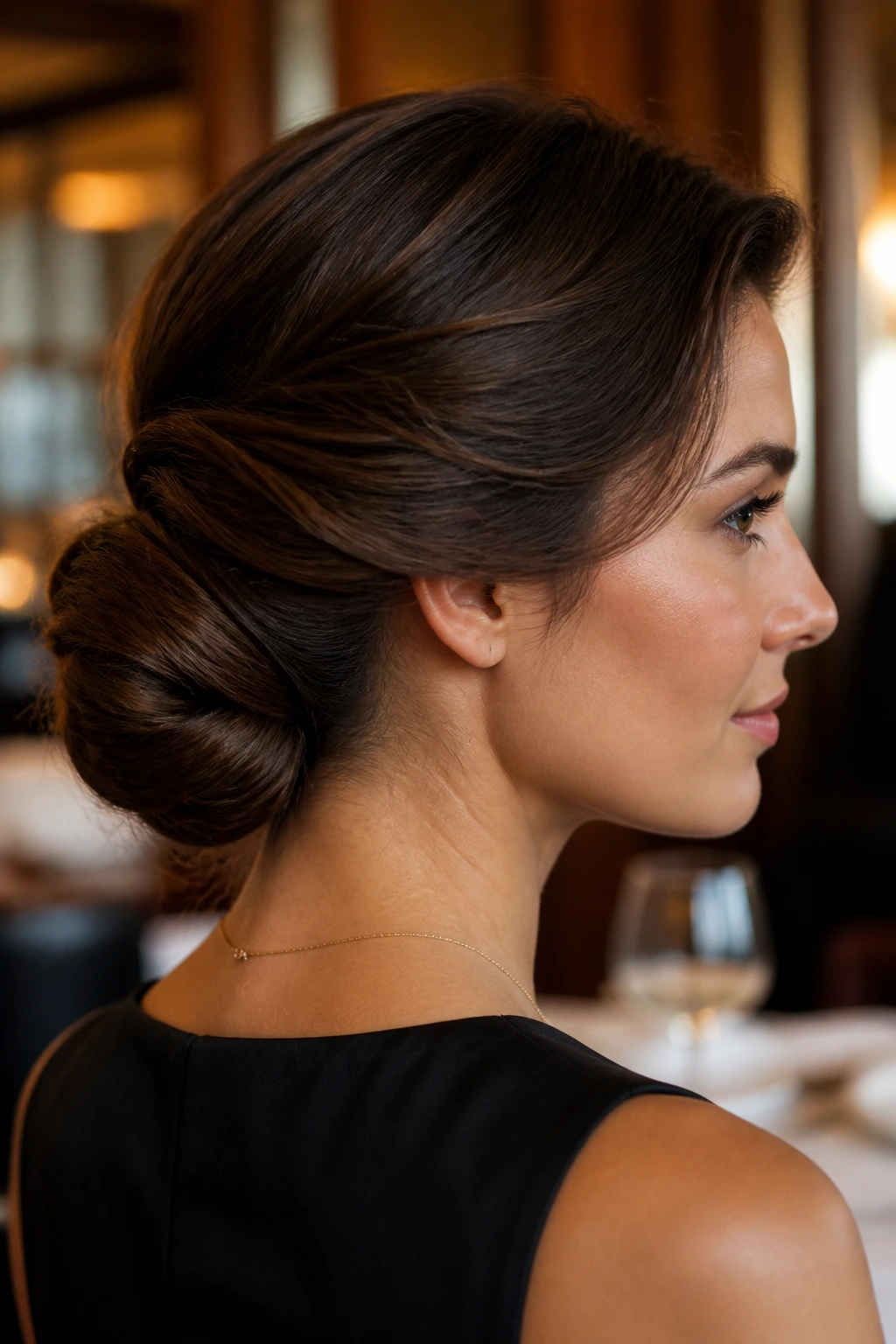 Side profile of a real woman with a tucked Gibson bun at the nape.
