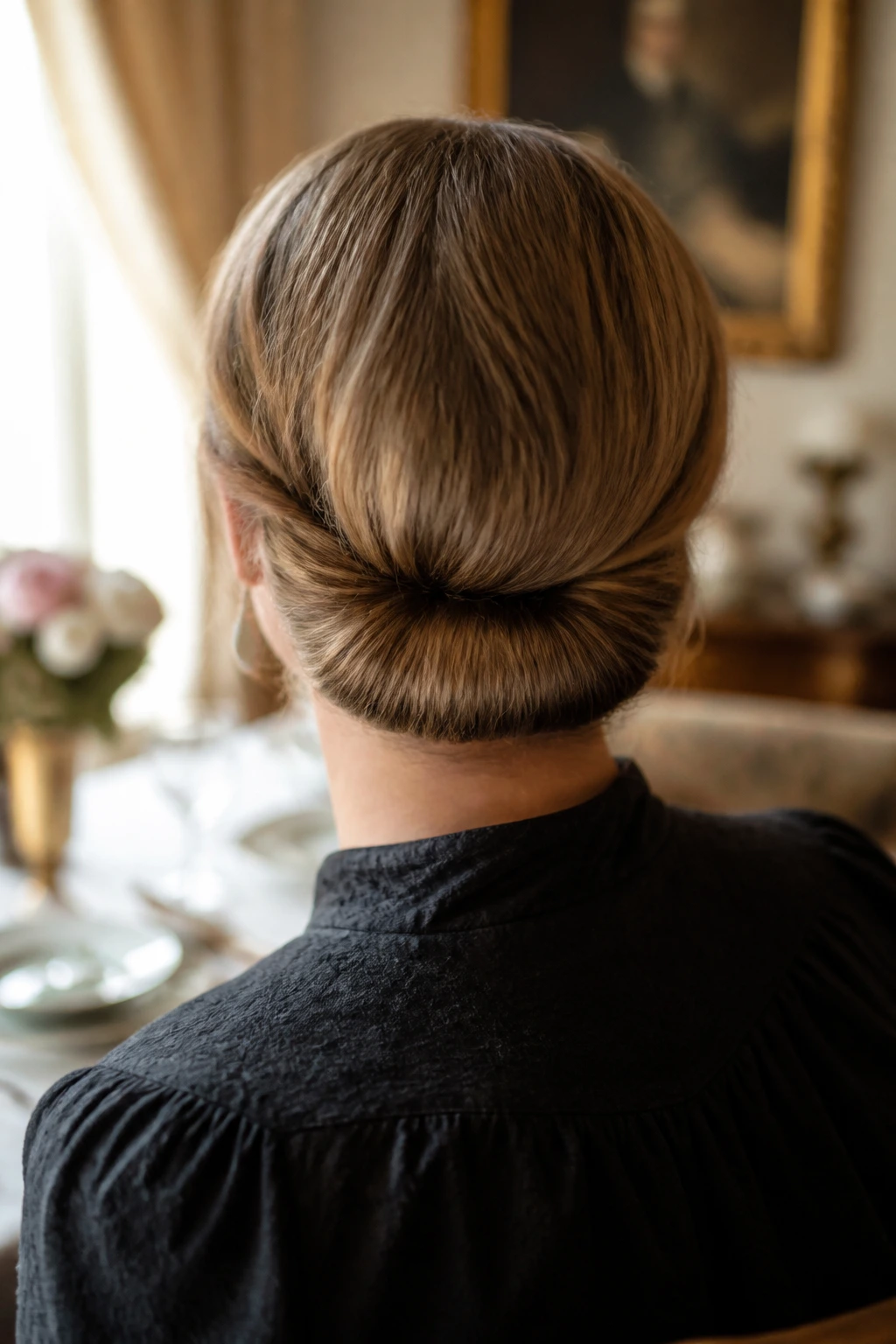Back-of-head close-up of a real woman with a Gibson roll for shorter lengths at the nape in soft light.