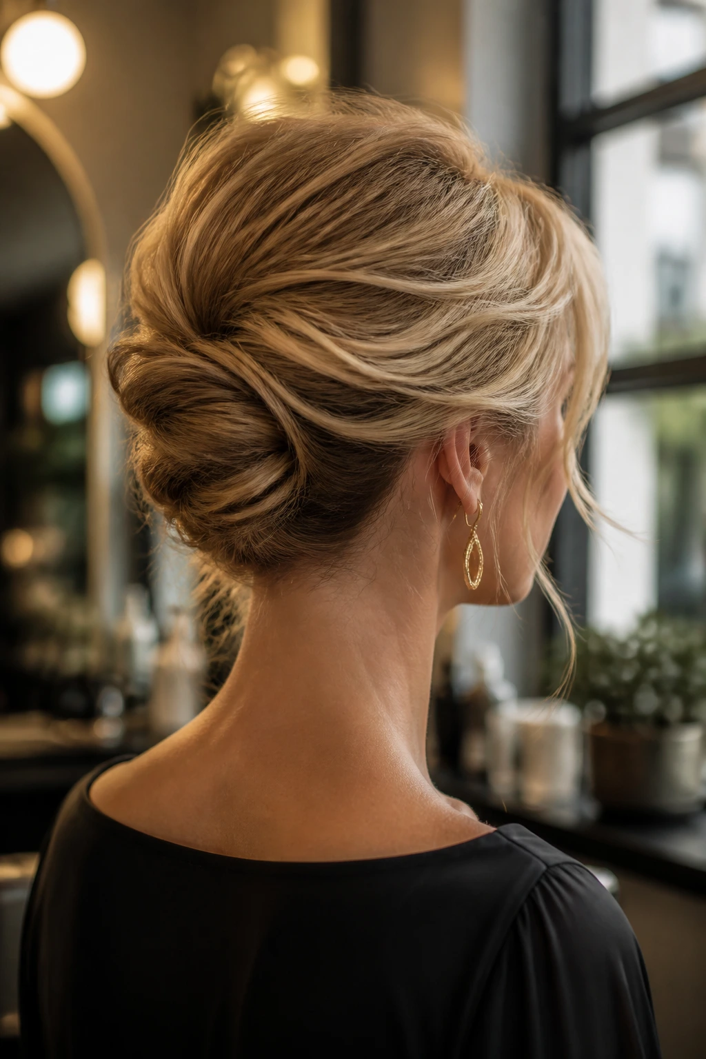 Rear three-quarter view of Gibson tuck with airy crown