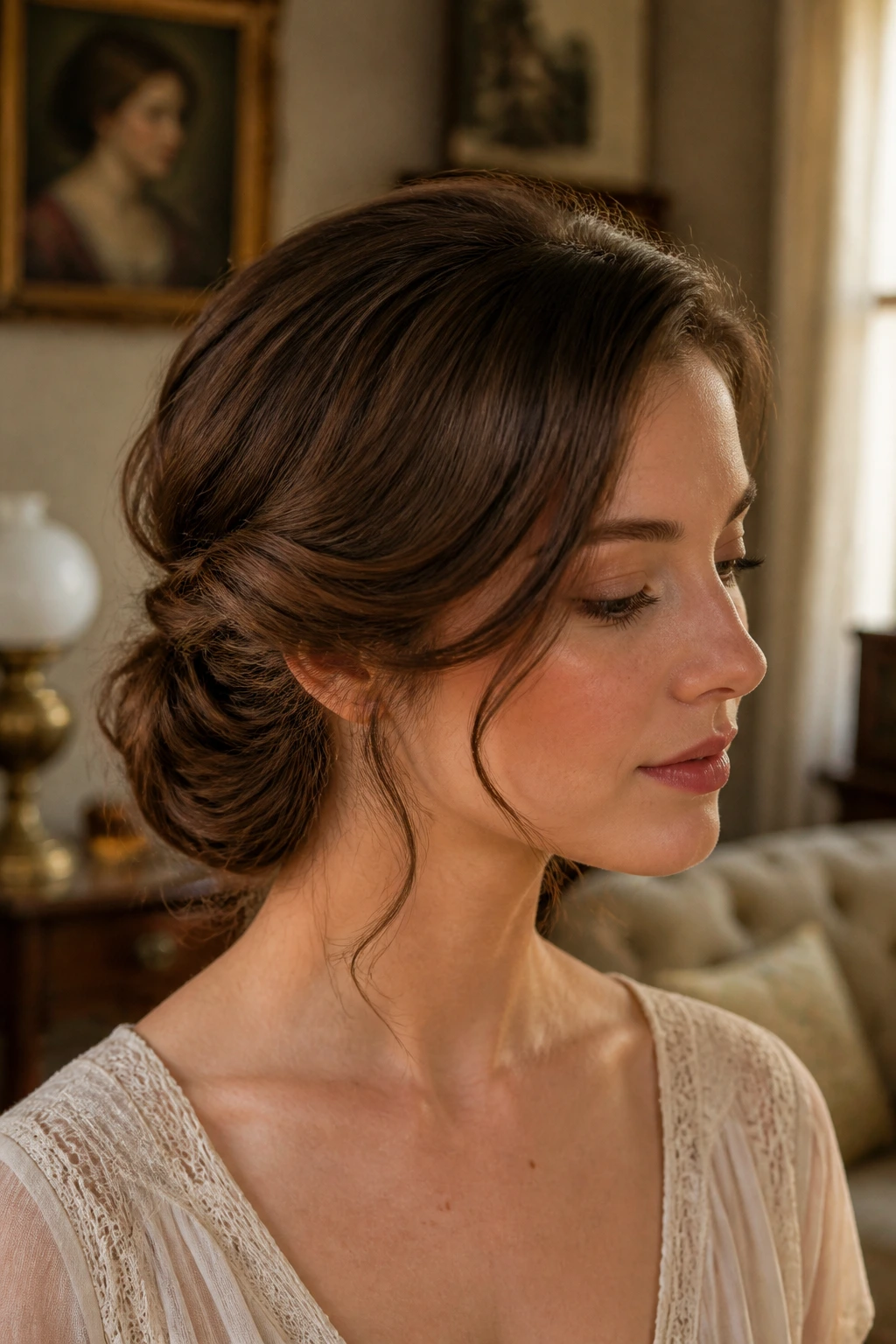 Close-up portrait of a real woman showing a side-swept Gibson tuck with tendrils along the jaw.