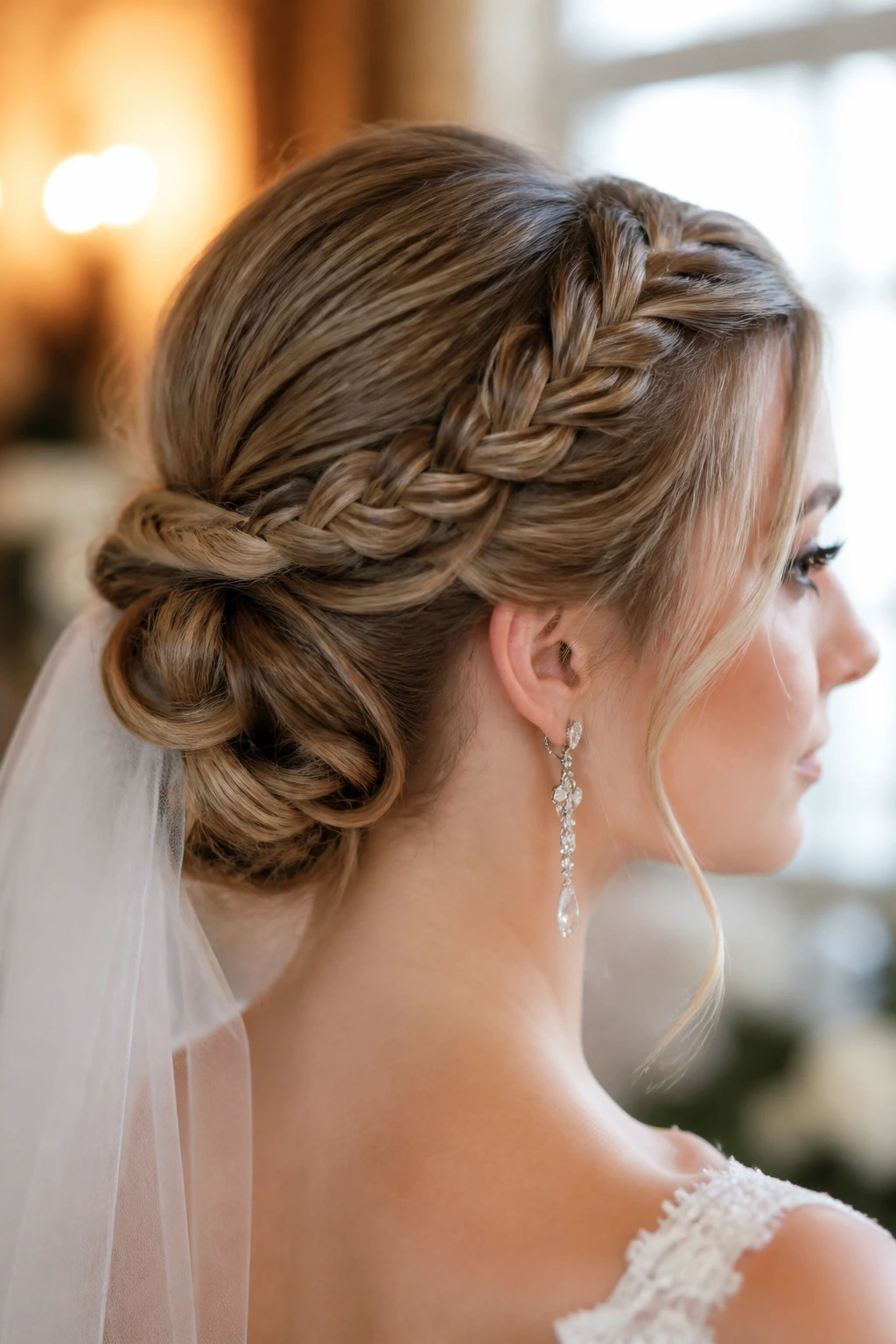 Close-up of Gibson tuck with braided front on a real bride