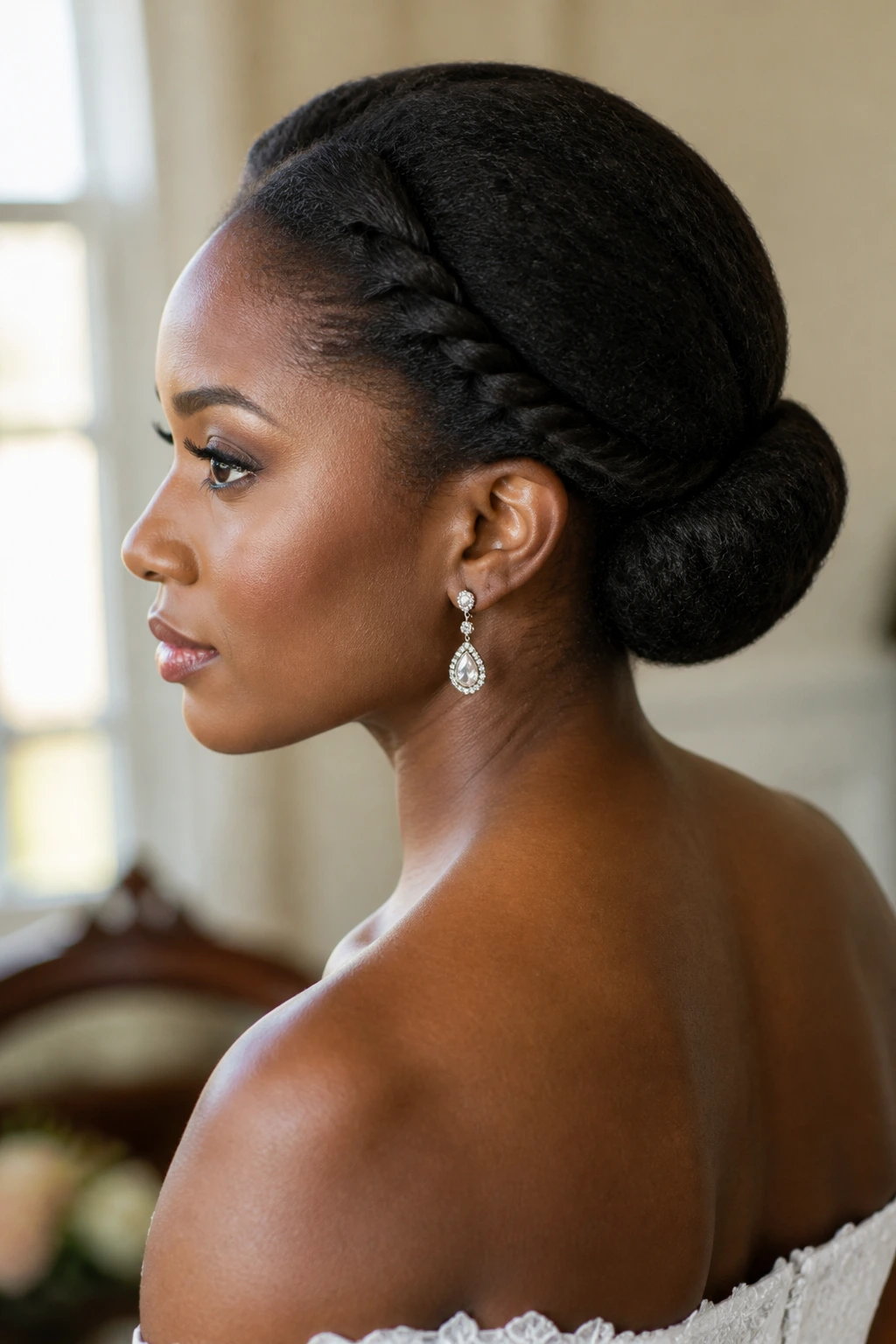 Close-up of a real bride's head with a Twist-and-Pin Gibson Tuck at the nape