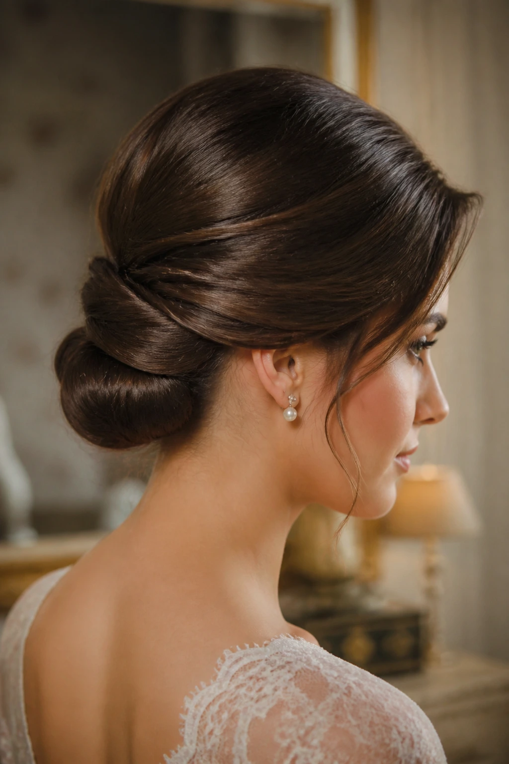 Bride wearing twisted Gibson tuck at back of head