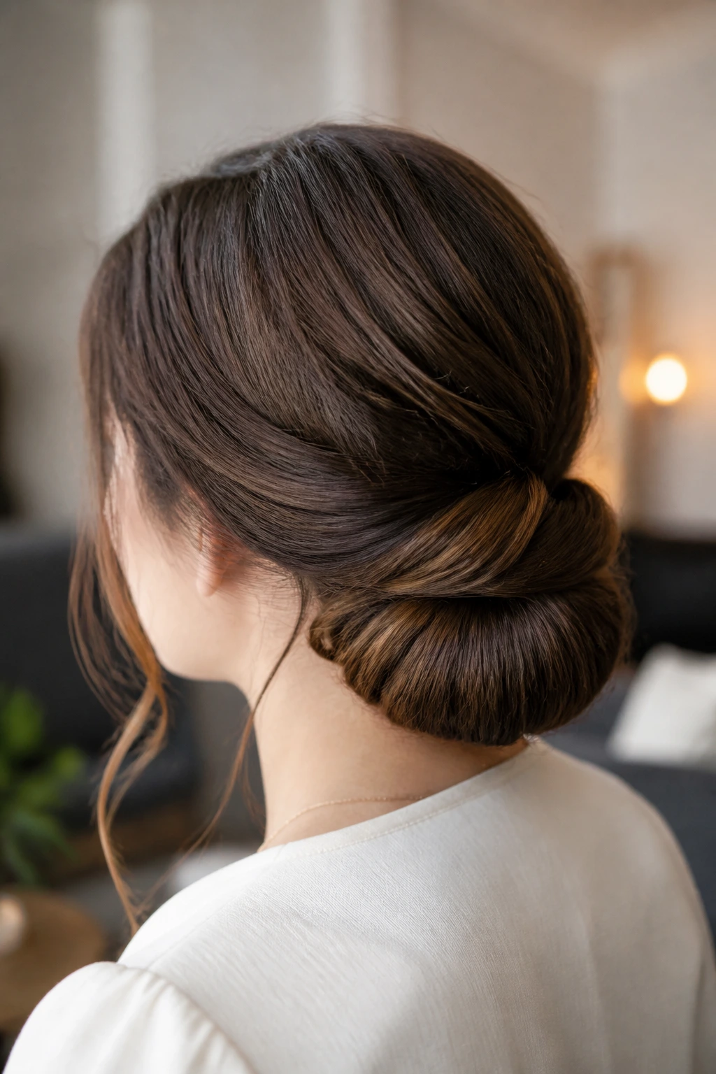 Close-up portrait of a real woman with a Gibson-Tuck low bun at the nape