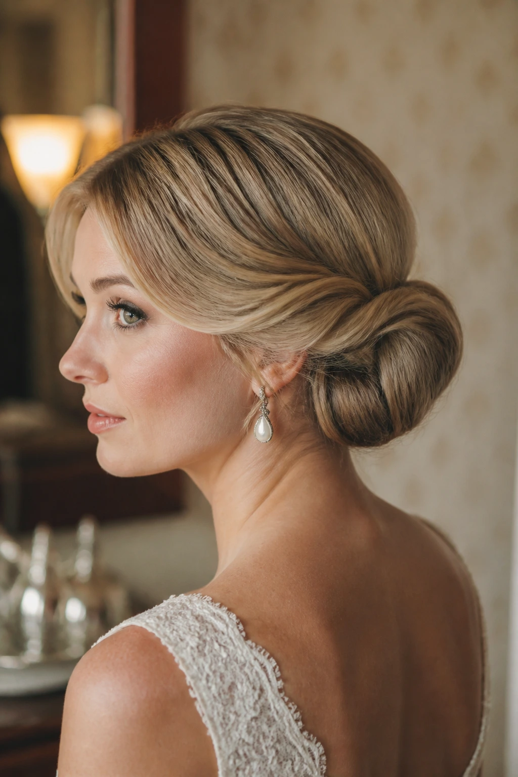 Real bride with Gibson tuck bun at nape