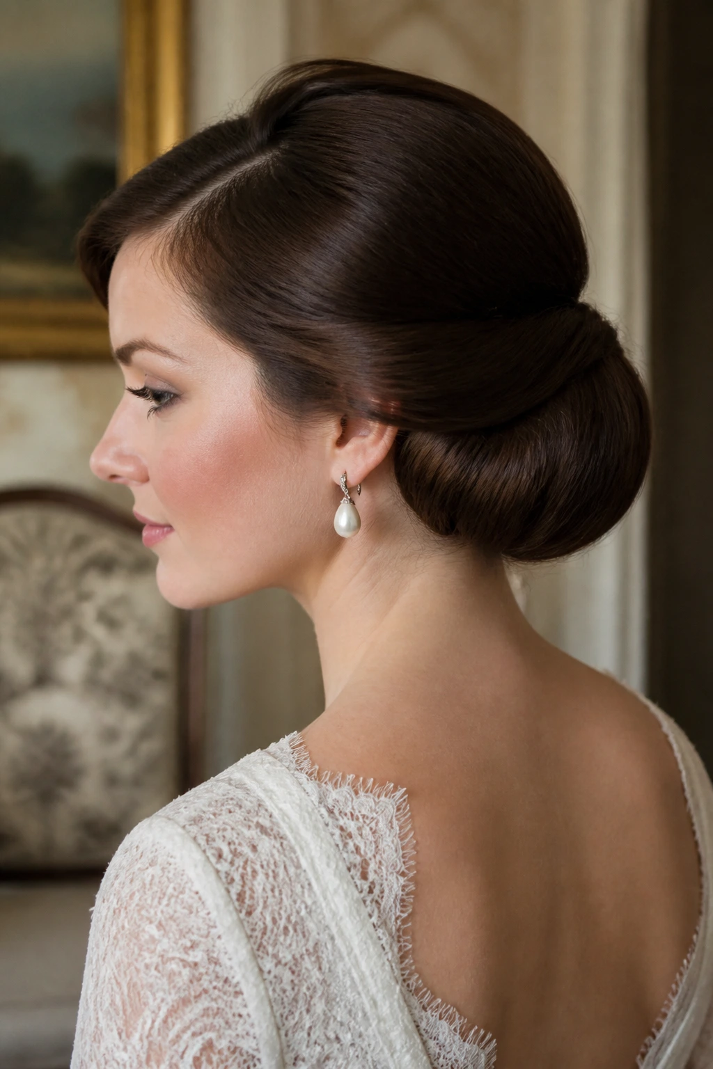 Close-up of bride with Gibson tuck bun at nape in vintage setting