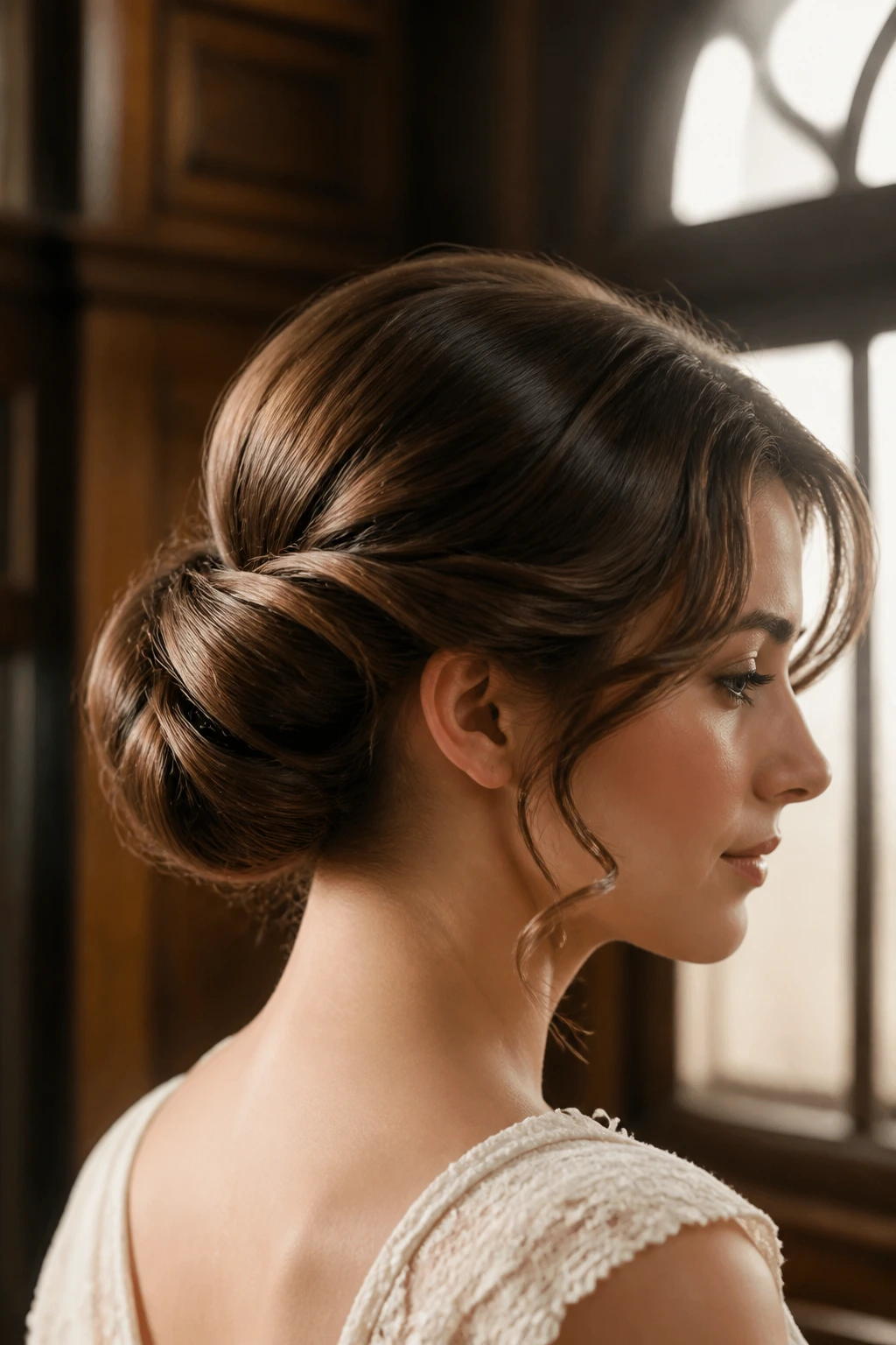 Close-up of a real woman with Gibson tuck bun at the nape in vintage setting