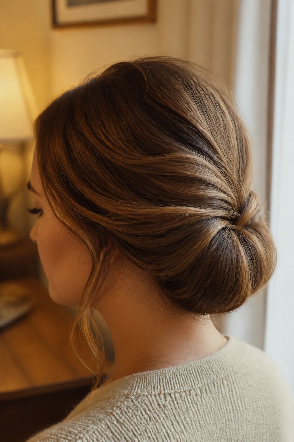 Close-up of a real woman with a Gibson tuck bun at the nape, tucked ends hidden