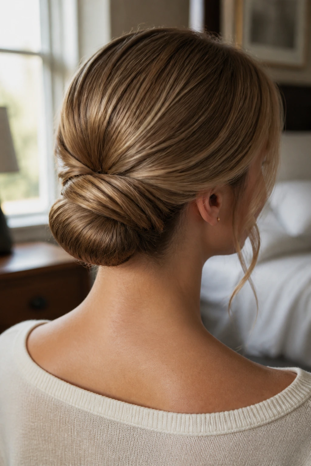 Close-up of a real woman's Gibson tuck bun at the nape with hidden ends