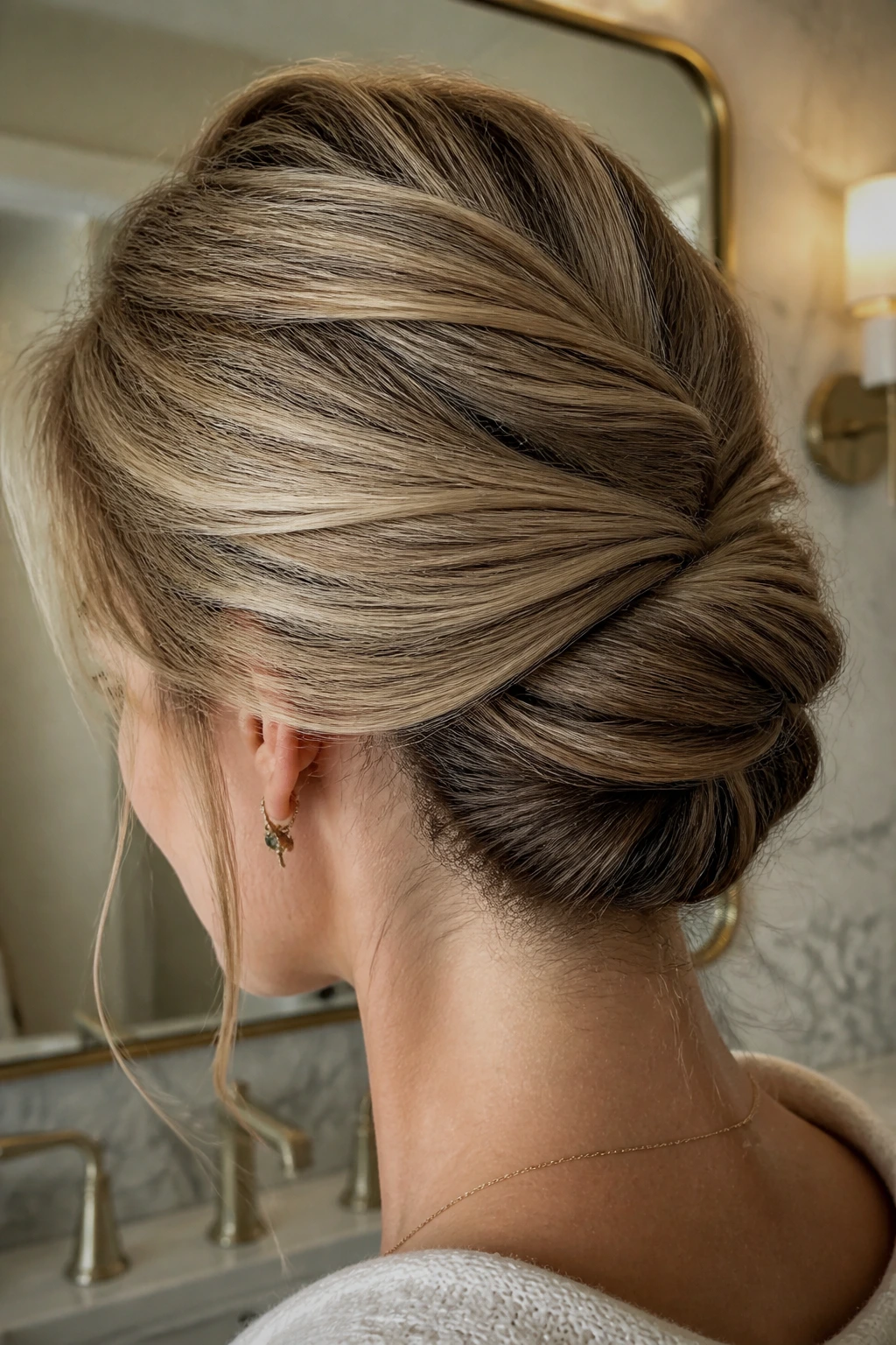 Close-up of a real woman with a Gibson tuck bun at the nape.