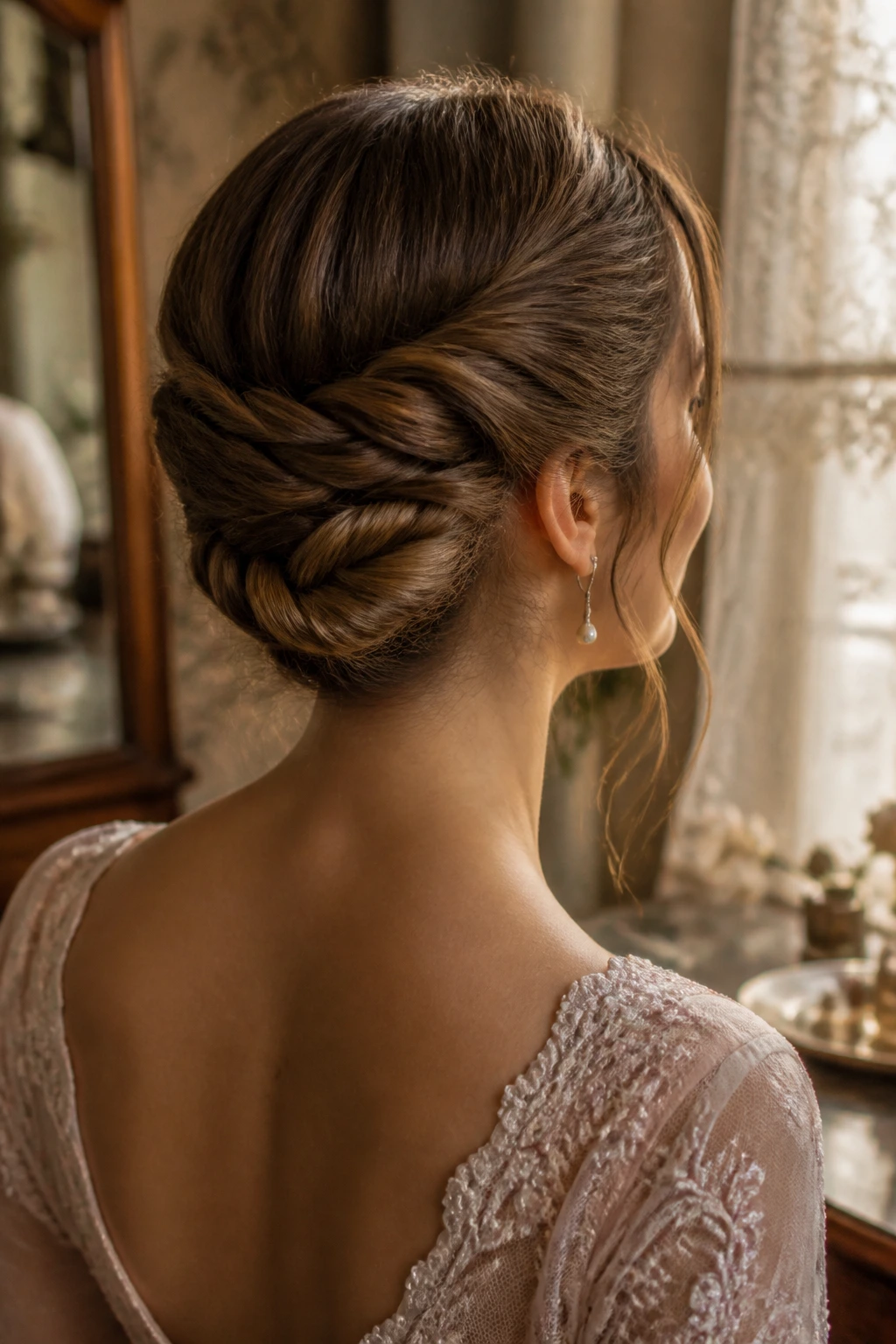 Real woman with Gibson-tuck-inspired bun viewed from rear three-quarter