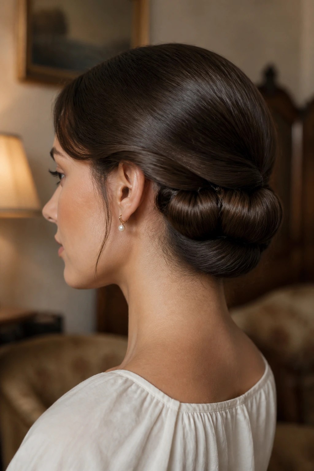 Close-up of a real woman with Gibson tuck at the nape forming a soft rolled chignon