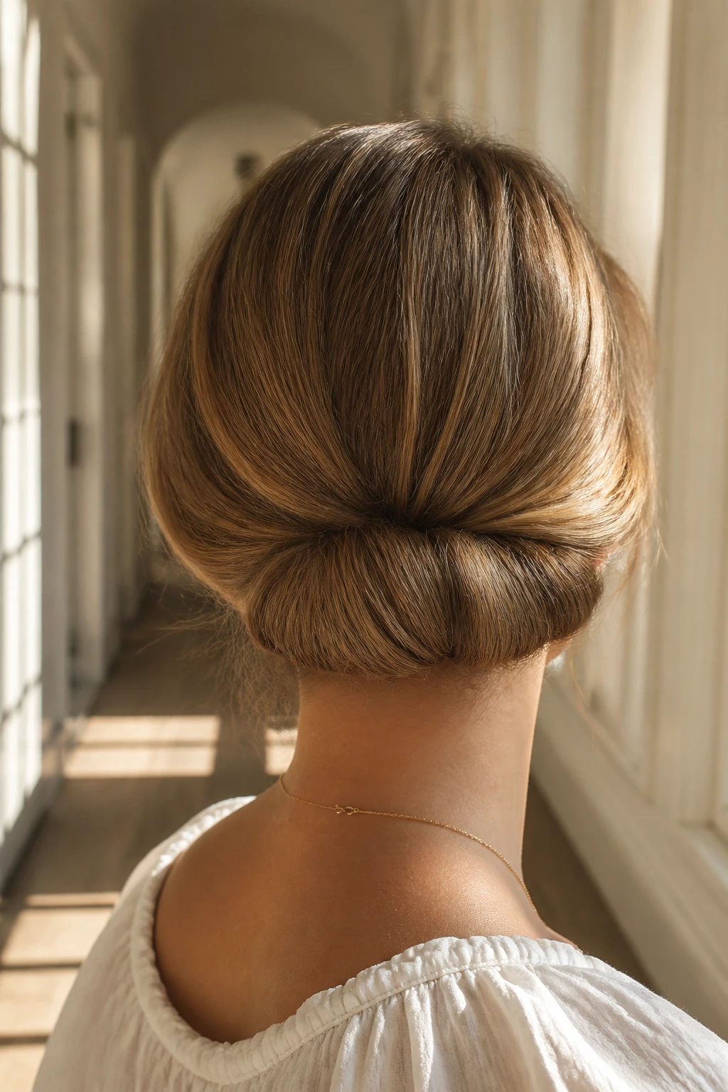 Back view of a chin-length bob with ends tucked into a Gibson tuck.