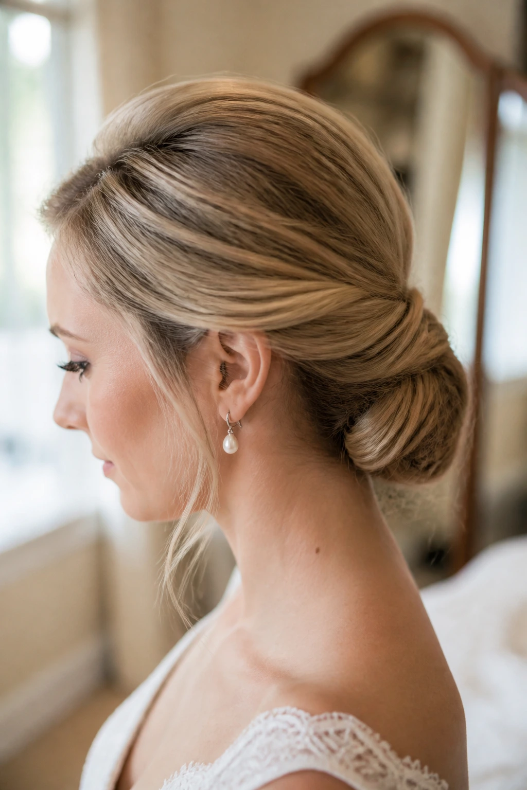 Close-up of a bride with Gibson tuck and crown lift in a bridal dressing room