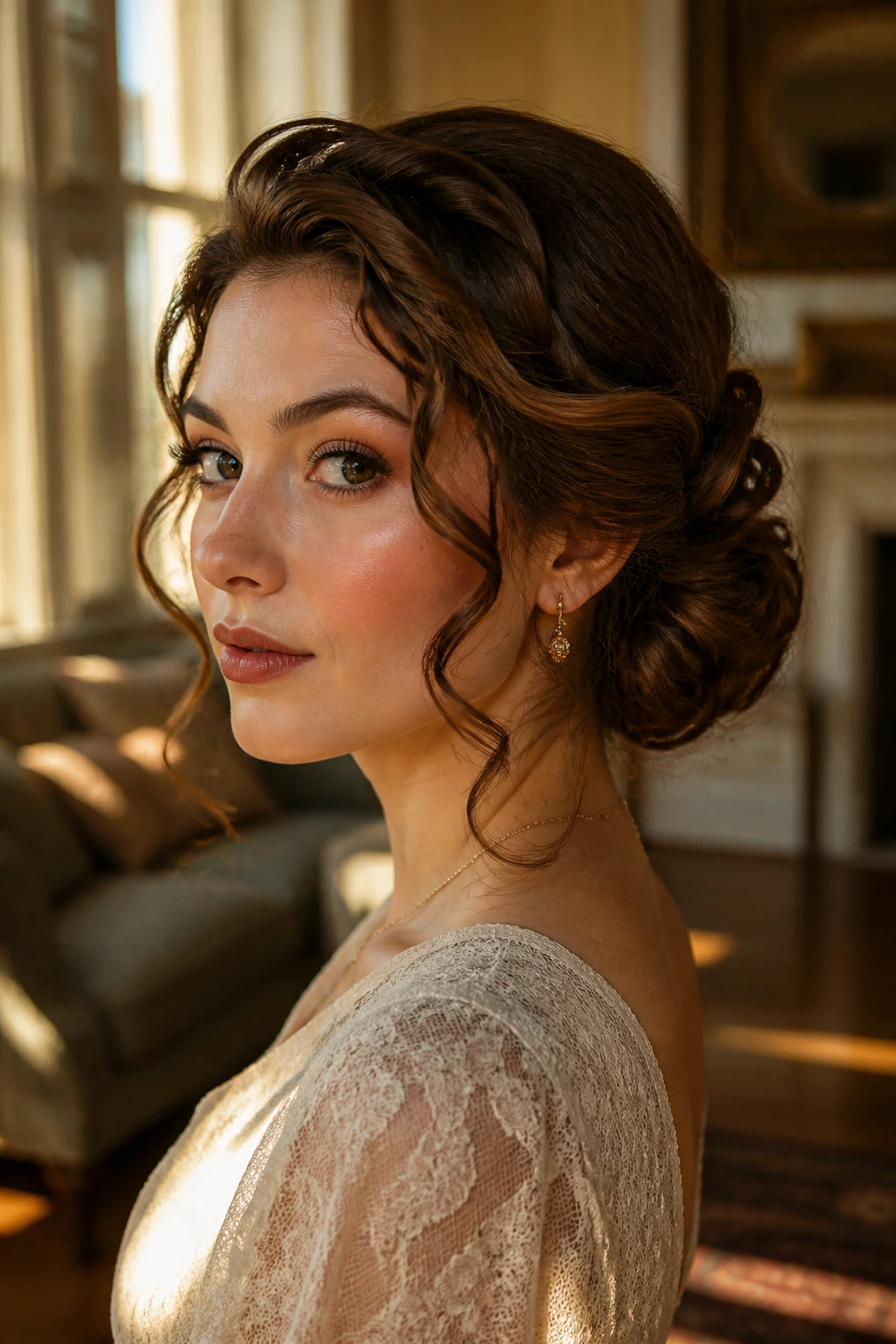 Close-up of a woman with Gibson tuck and curled tendrils