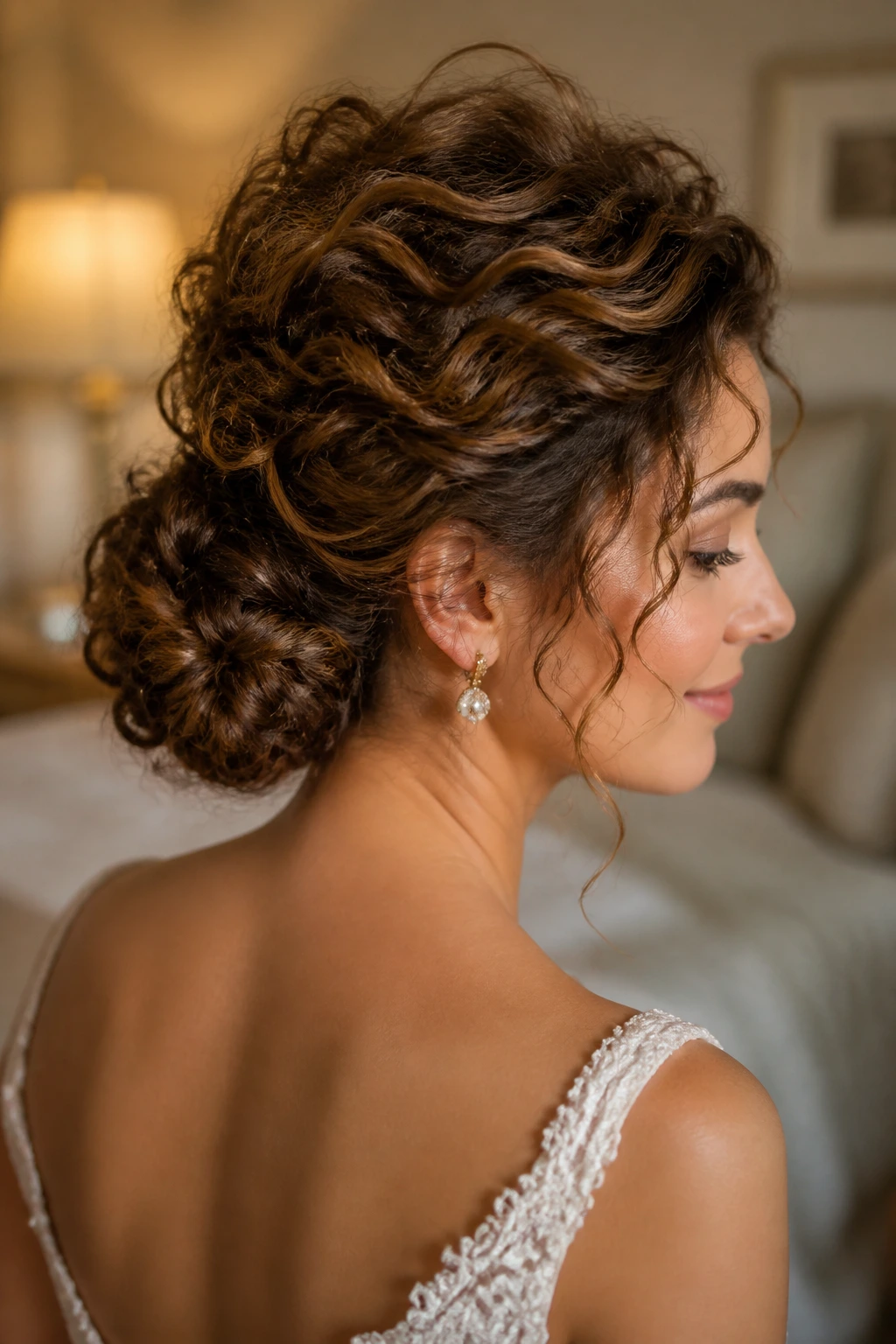 Bride with curly Gibson tuck and volume