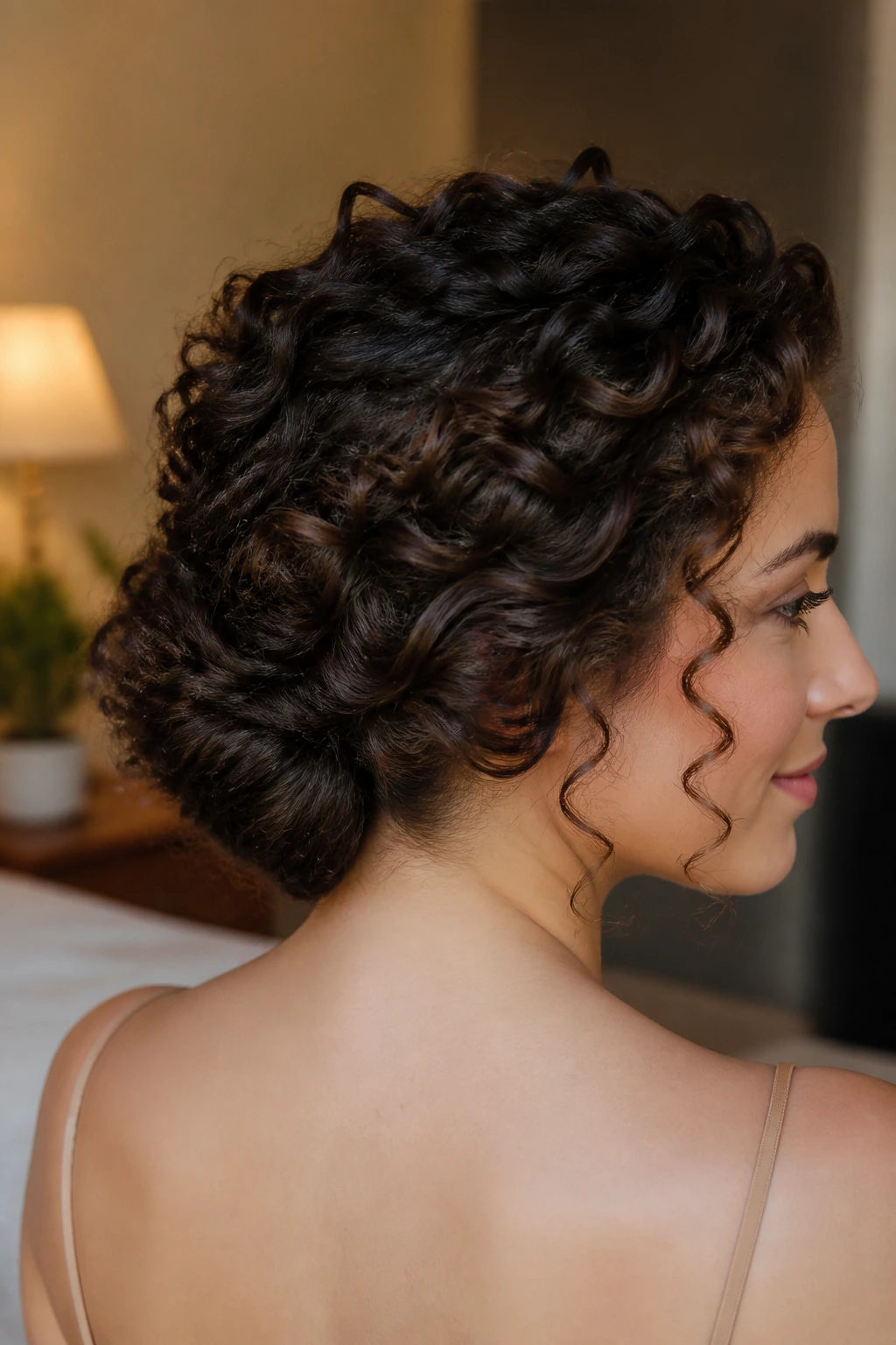 Close-up of a real woman with a twisted Gibson tuck on dense curls