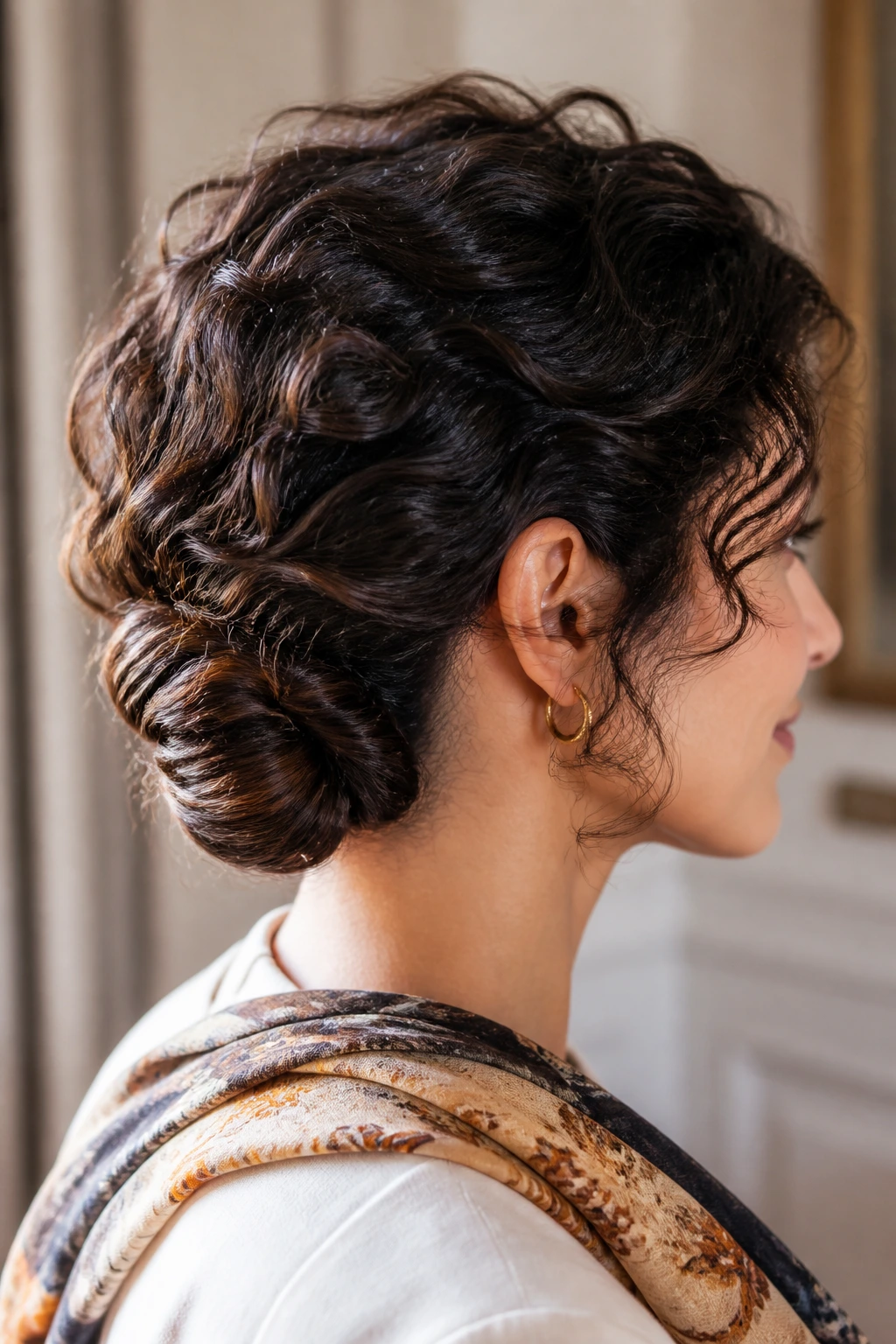 Real woman with Gibson tuck at nape, tucked into a smooth hair roll with visible texture.