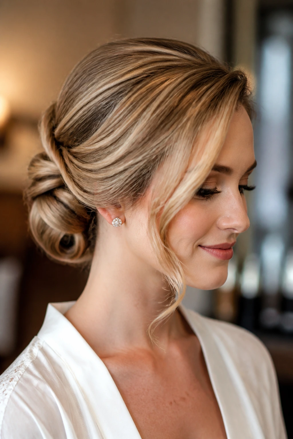 Close-up of a real woman with a side-swept Gibson tuck at the nape