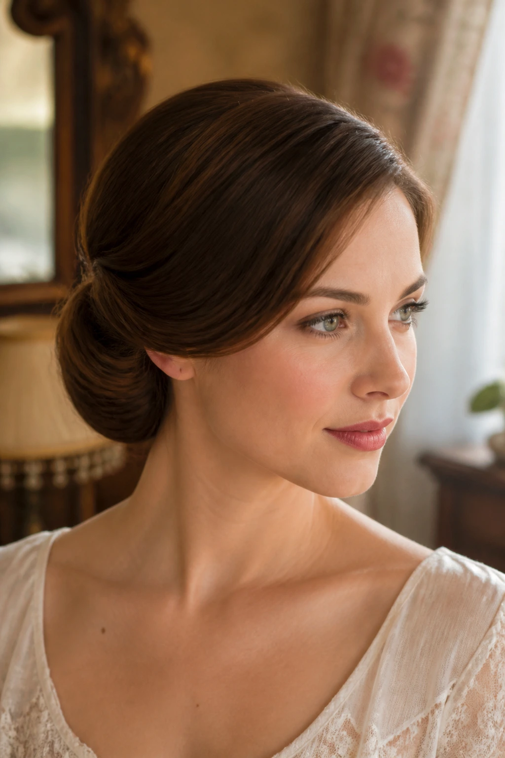 Close-up of a real woman showing a soft Gibson tuck at the nape.