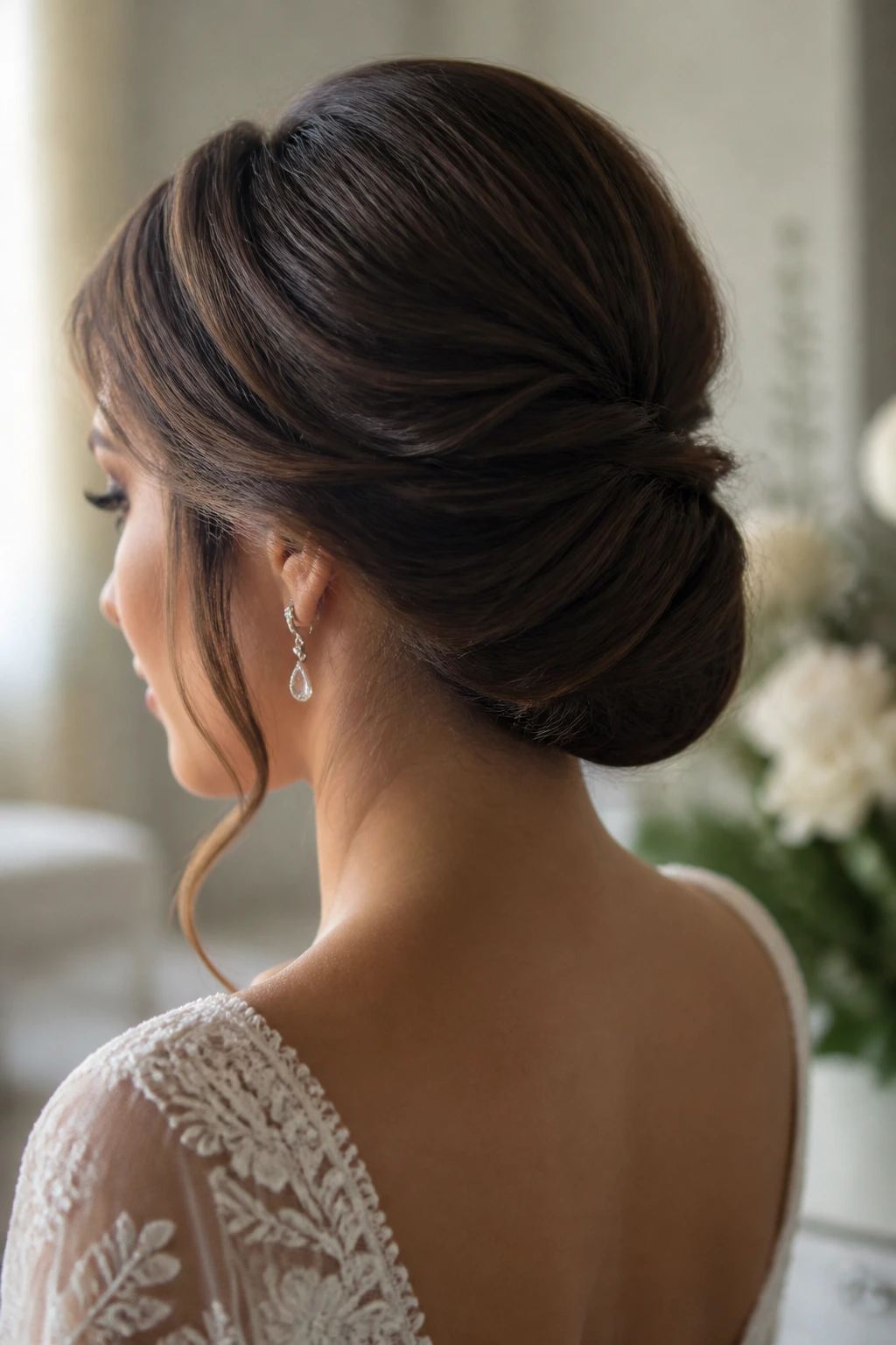 Close-up of a real bride with a Gibson tuck at the nape.