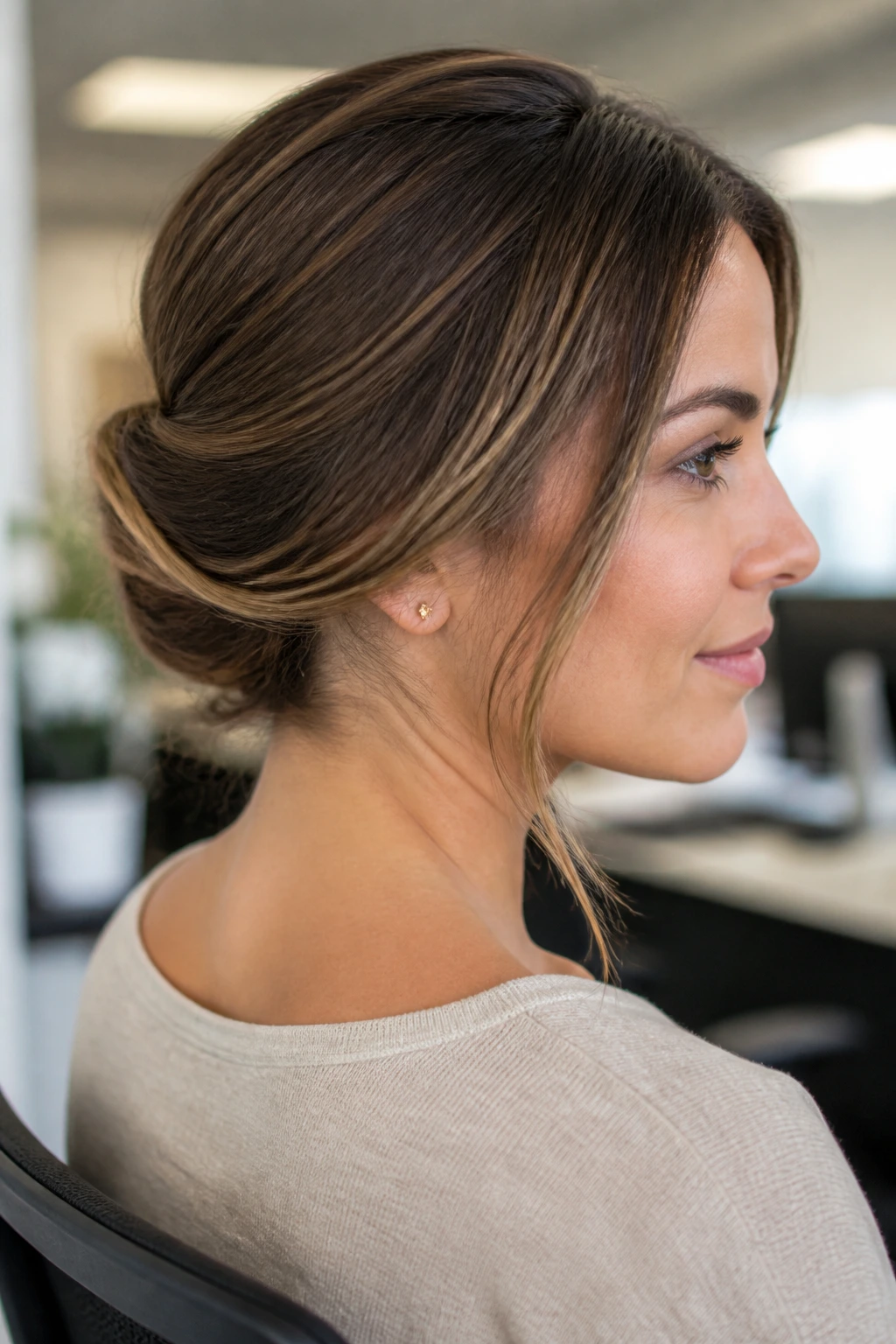 Side profile of a real woman with Gibson tuck hairstyle