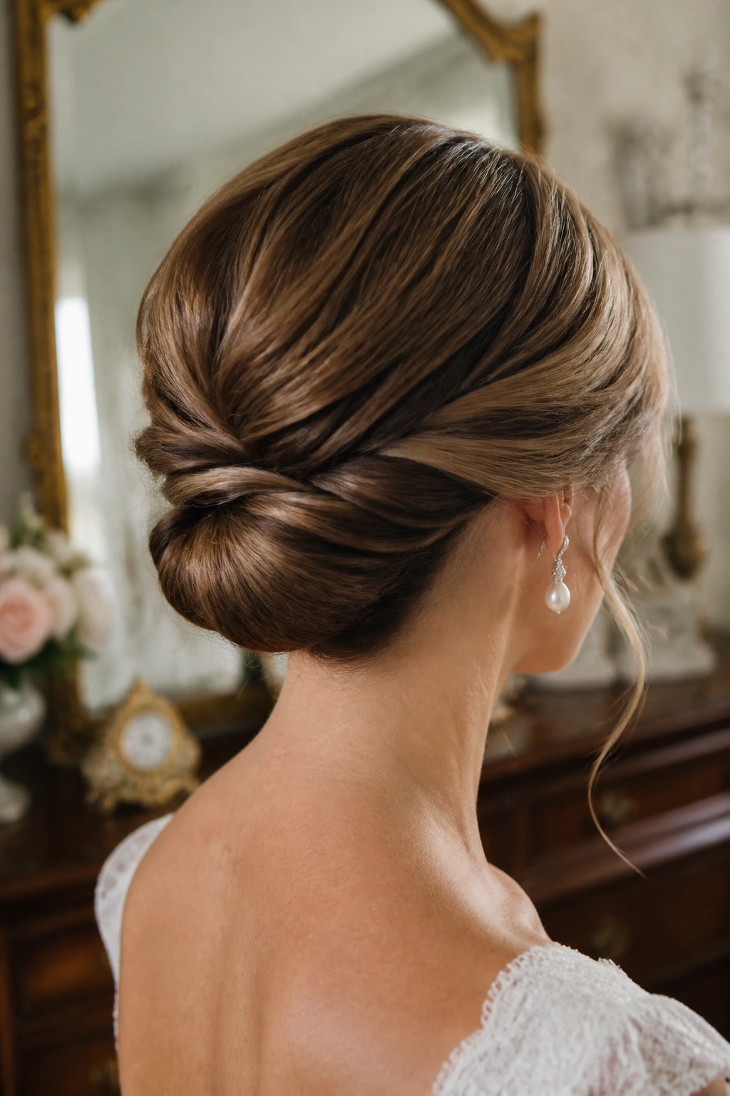 Back view of real bride with Gibson tuck hairstyle