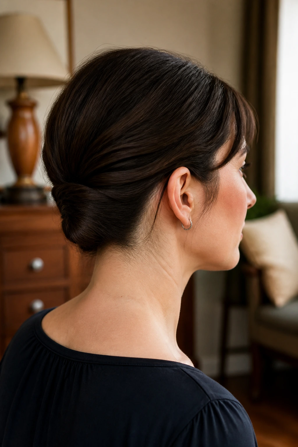 Close-up of a real woman showing the Gibson tuck at the nape