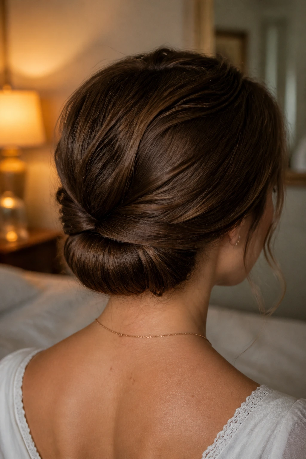 Back-of-head close-up of a real woman with Gibson tuck creating a soft rounded bun