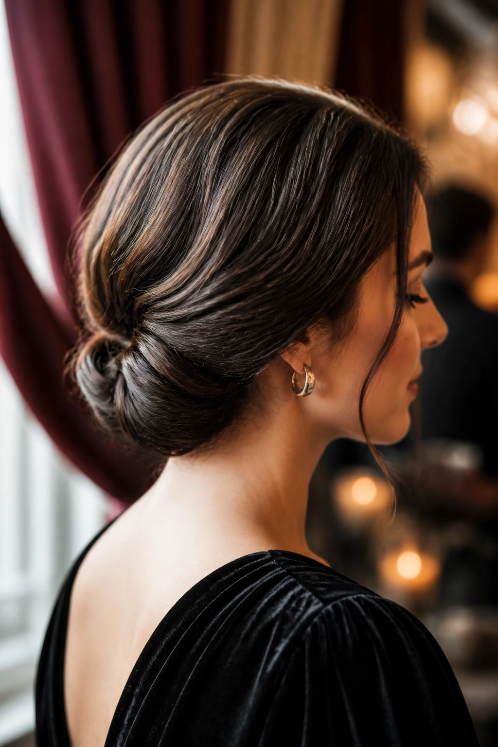 Close-up of a real woman with a Gibson tuck at the nape and subtle wave.