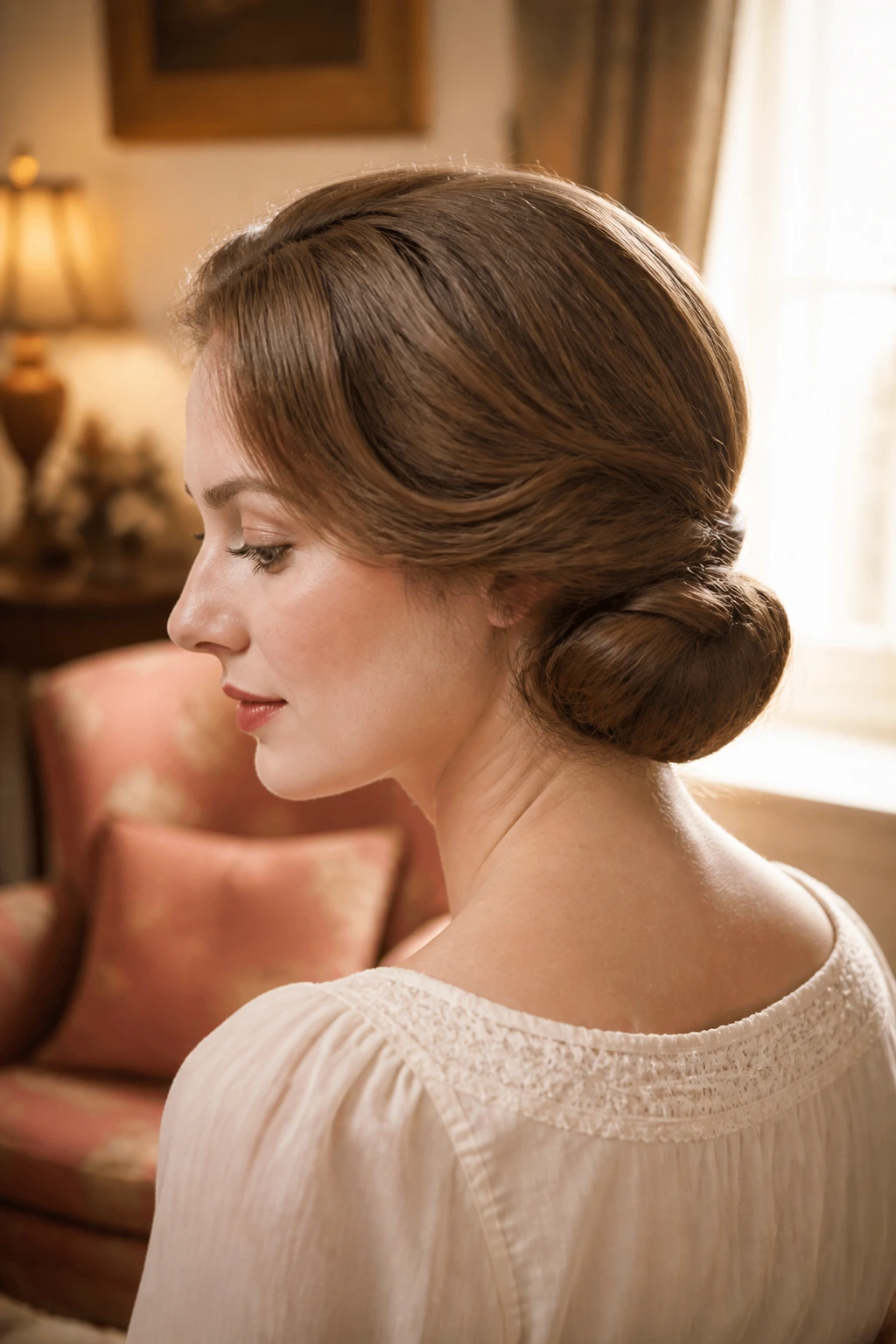 Close-up of a real woman with a Gibson tuck at the nape