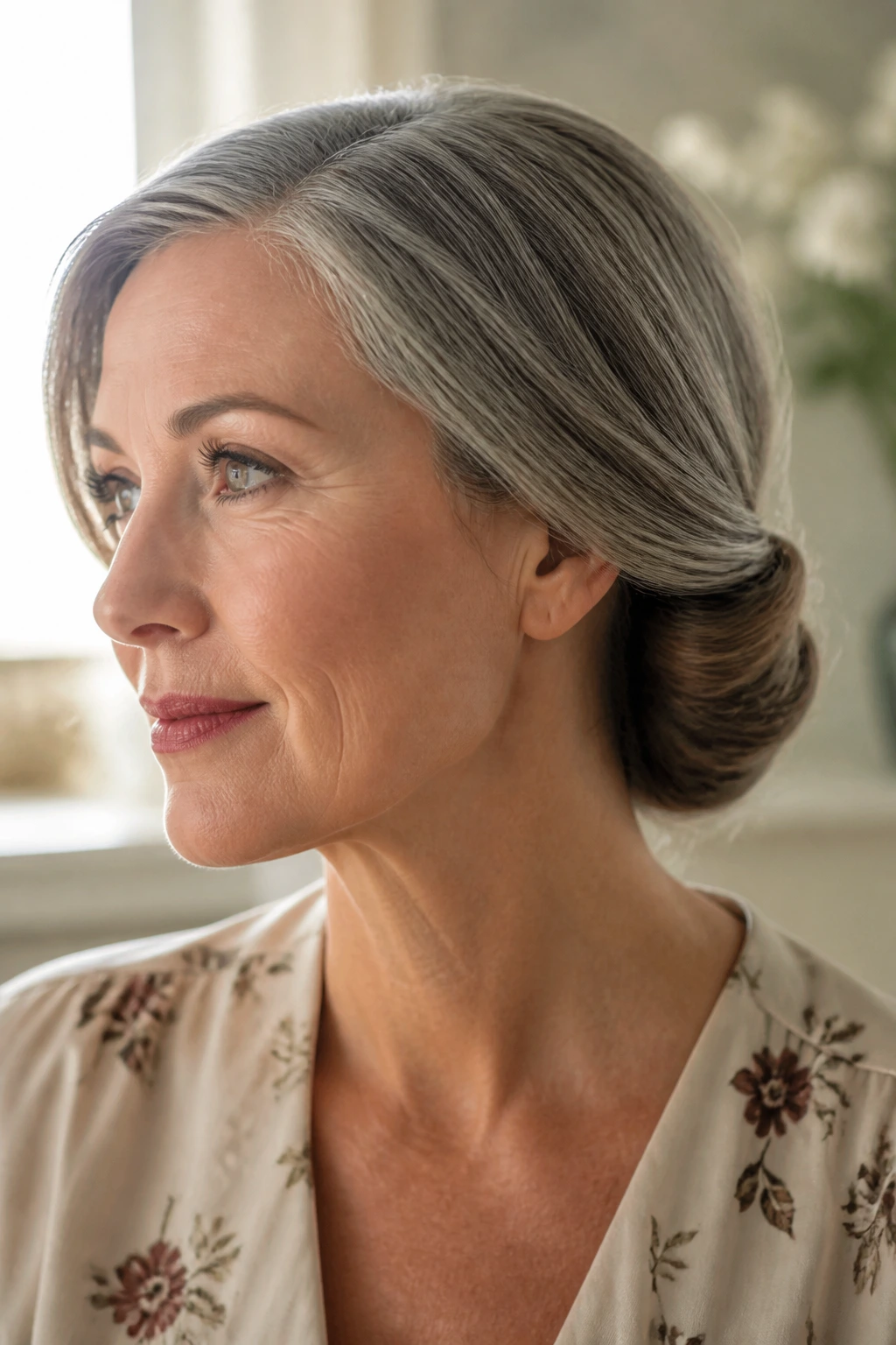 Woman with a Gibson tuck forming a tucked fold at the nape.