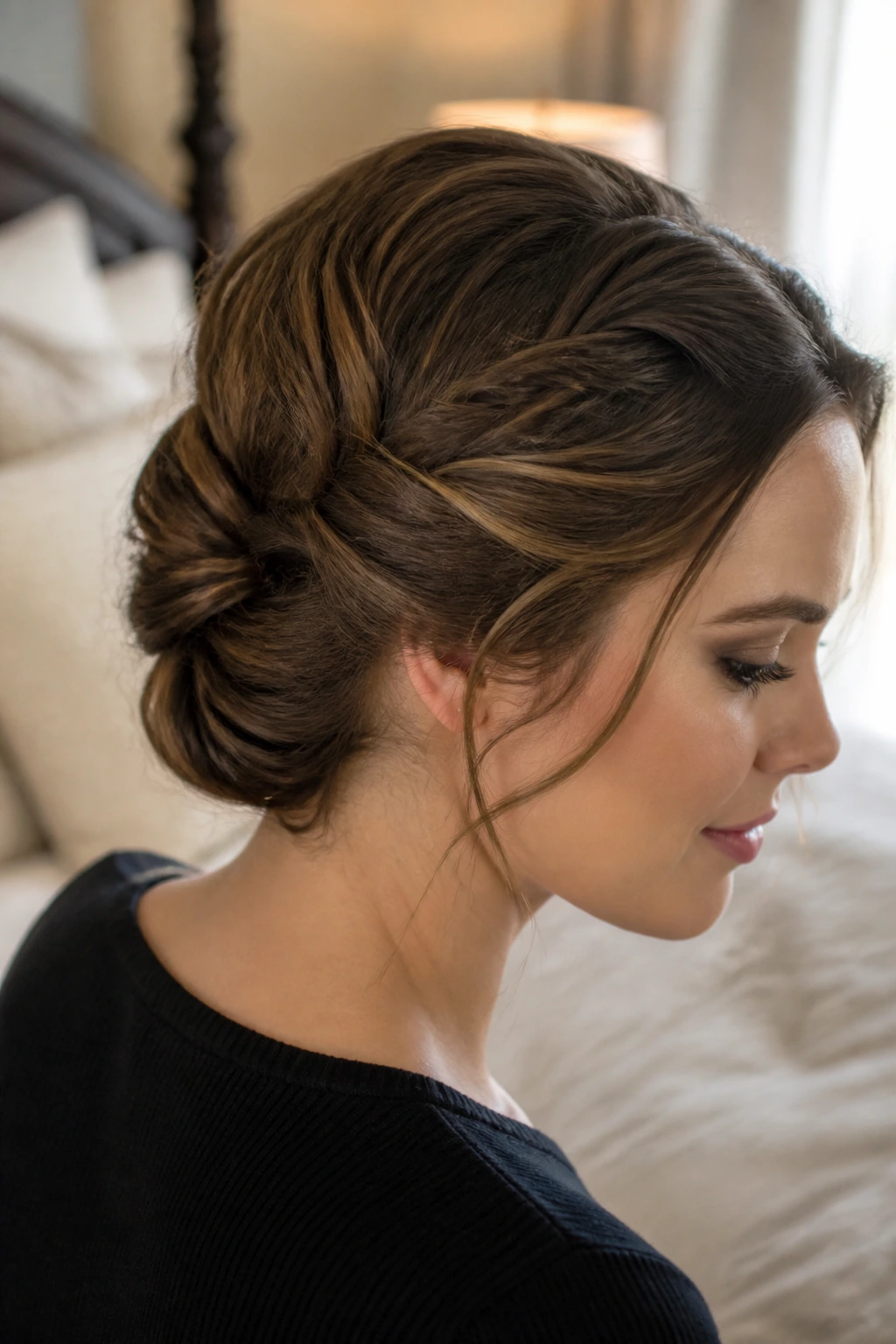 Close-up of Gibson tuck hairstyle on real woman with soft waves and back fold.