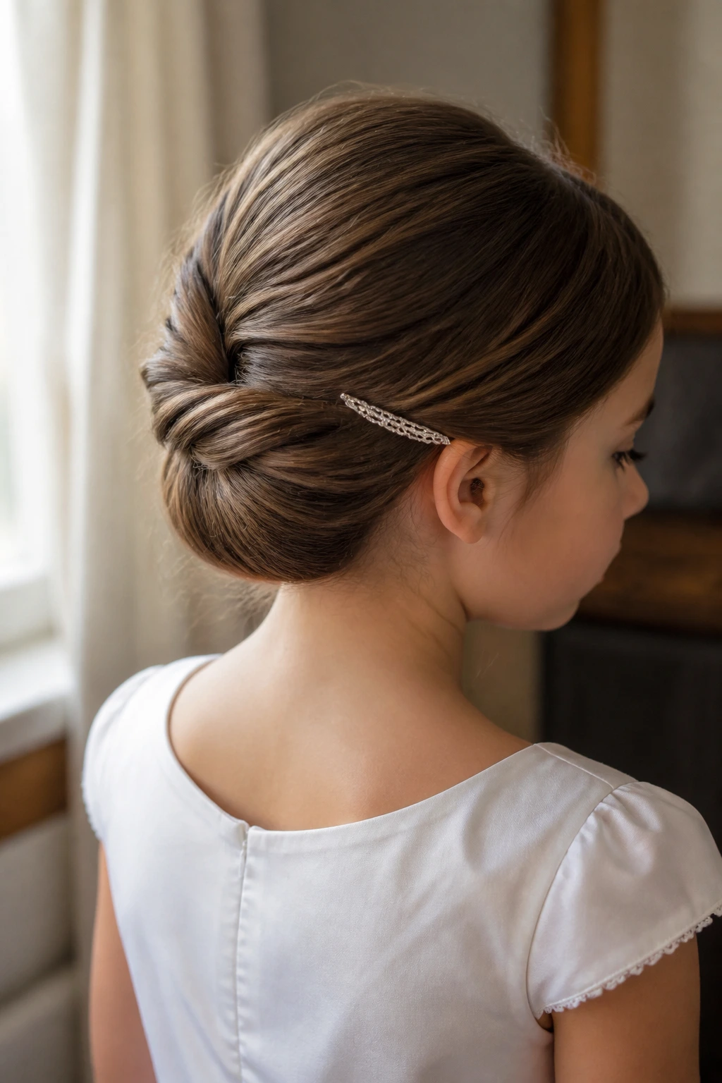 Three-quarter back view of a real child with Gibson tuck at nape