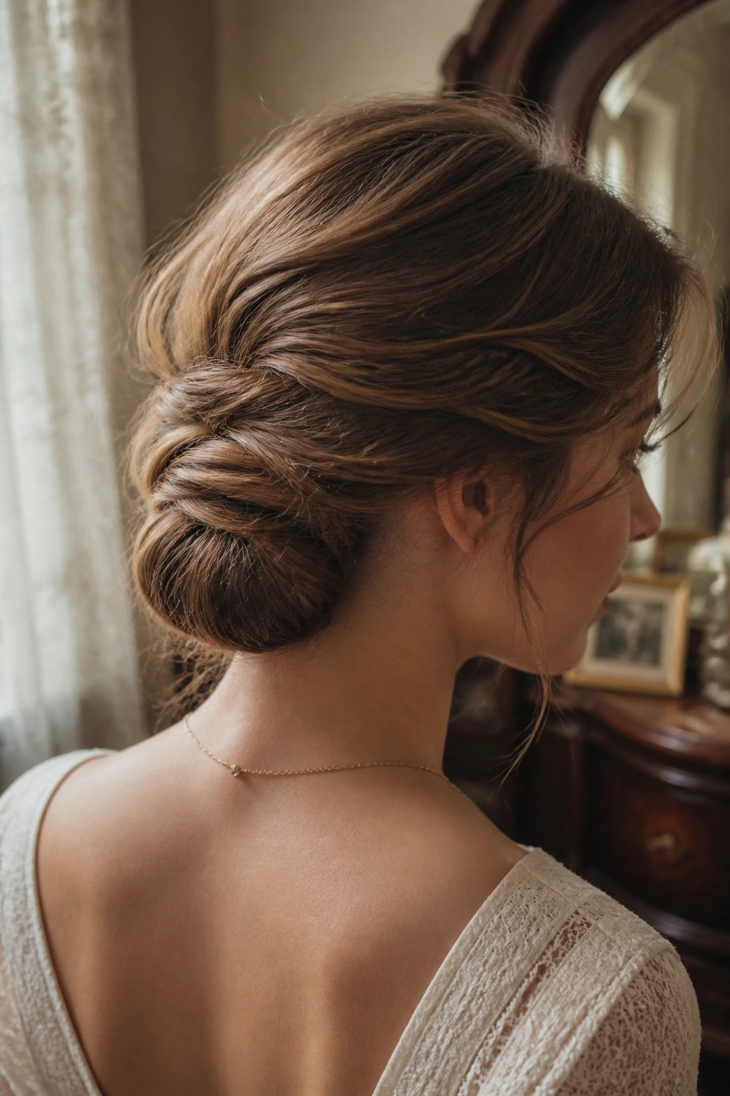 Close-up portrait of a real woman wearing a Gibson tuck at the nape with a soft roll.