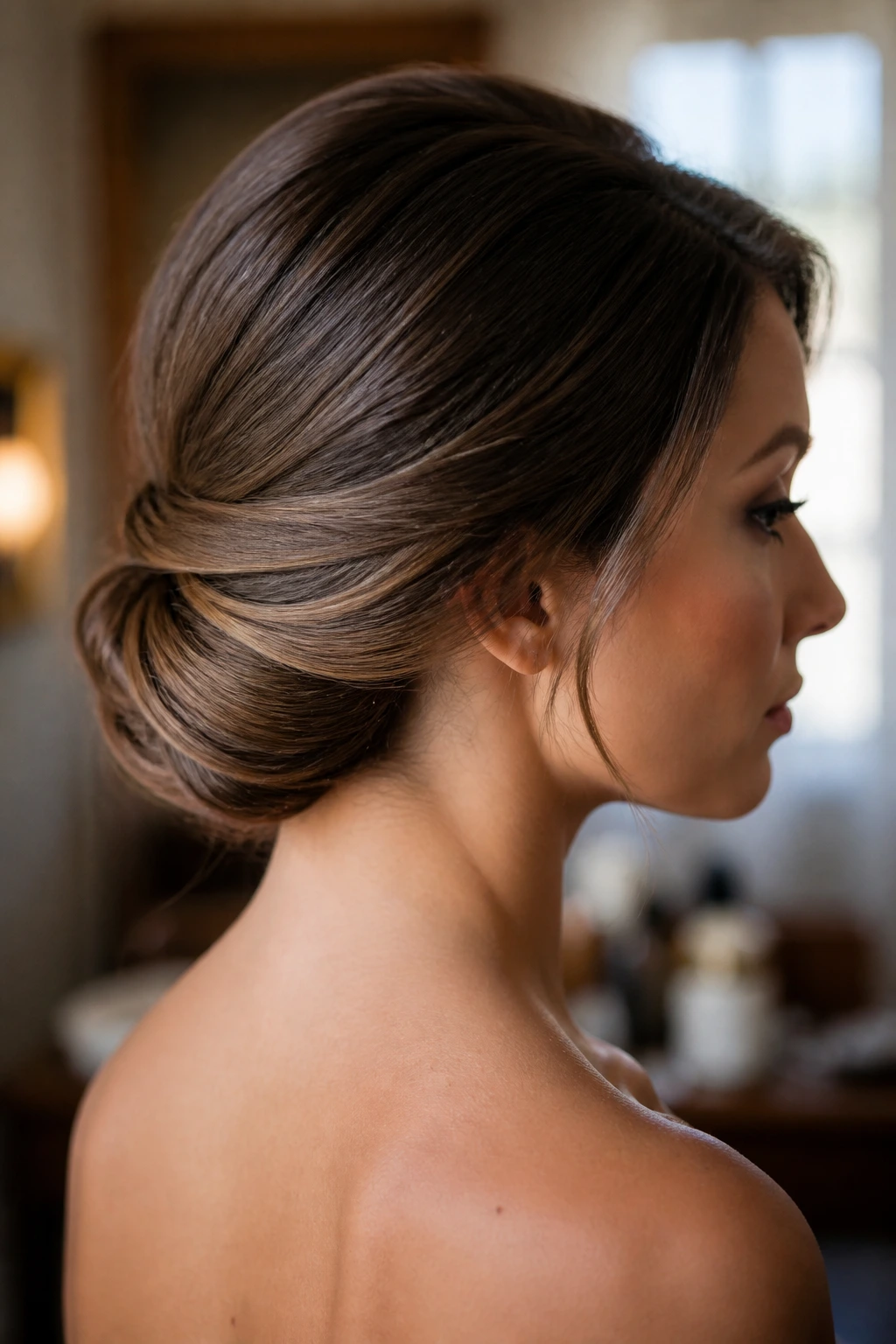 Close-up of a real woman with Gibson tuck at the nape